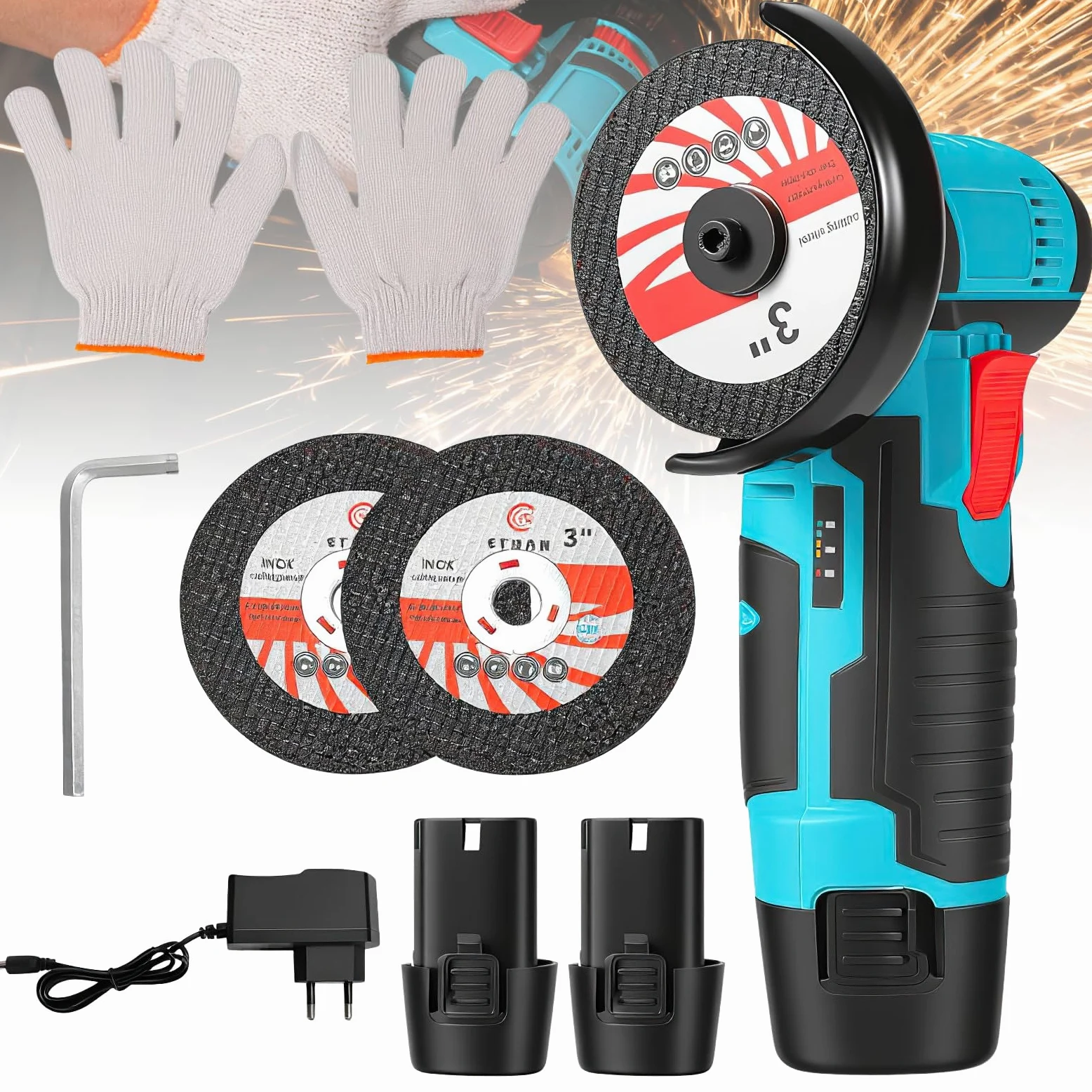 Amoladora angular inalámbrica, 550 W, mini amoladora angular inalámbrica, 12 V, disco inalámbrico profesional con 2 baterías de 1200 mAh,amoladora angular para moler y pulir, corte (2 baterías)