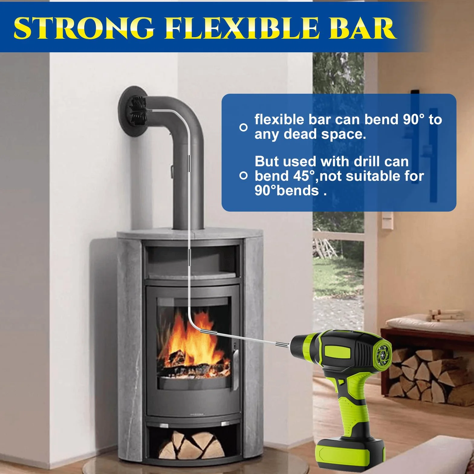 Juego de 17 cepillos para chimenea, cepillo de limpieza para chimenea, incluye 2 cepillos de tubo de estufa de 150 mm de diámetro, 12 barras flexibles de 410 mm, 2 barras hexagonales, 1 cinta adhesiva