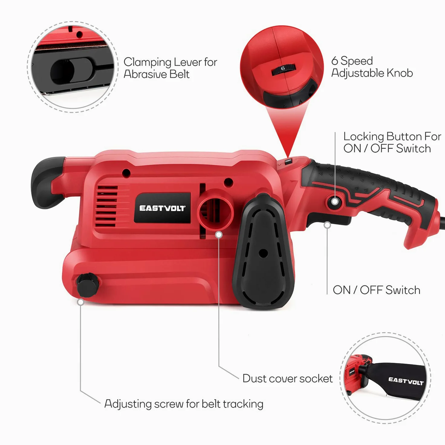 Eastvolt Lijadora de banda de 7 amperios 200-360 RPM con 6 velocidades variables, lijadora de banda de 3 x 18 pulgadas con 20 correas de lijado, abrazaderas de tornillo, bolsa de polvo