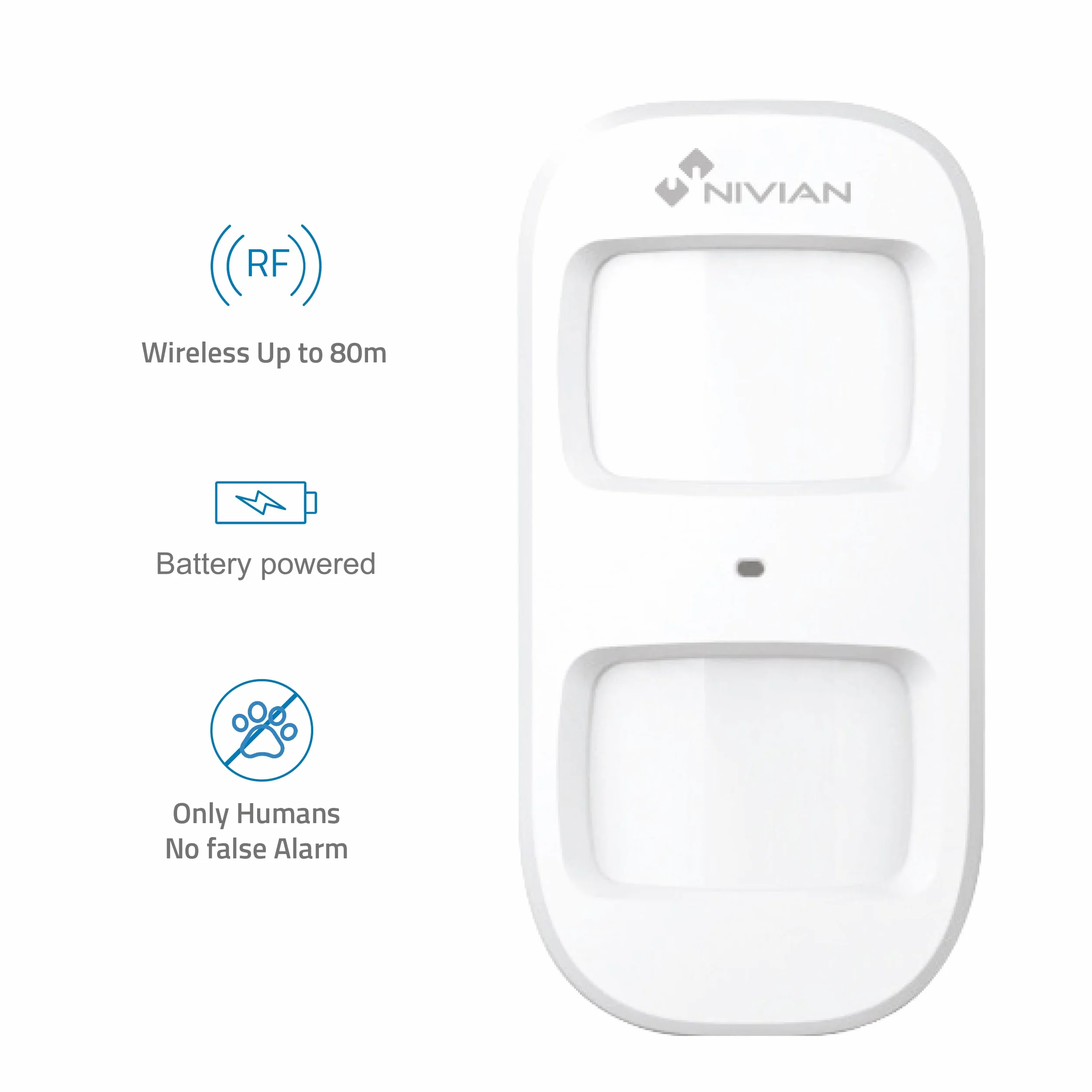 Nivian Detector de Movimiento Inalámbrico Compatible con Alarma Nivian, Inmune a Mascotas 20kg, Cobertura Amplia, Tamper Anti-sabotaje