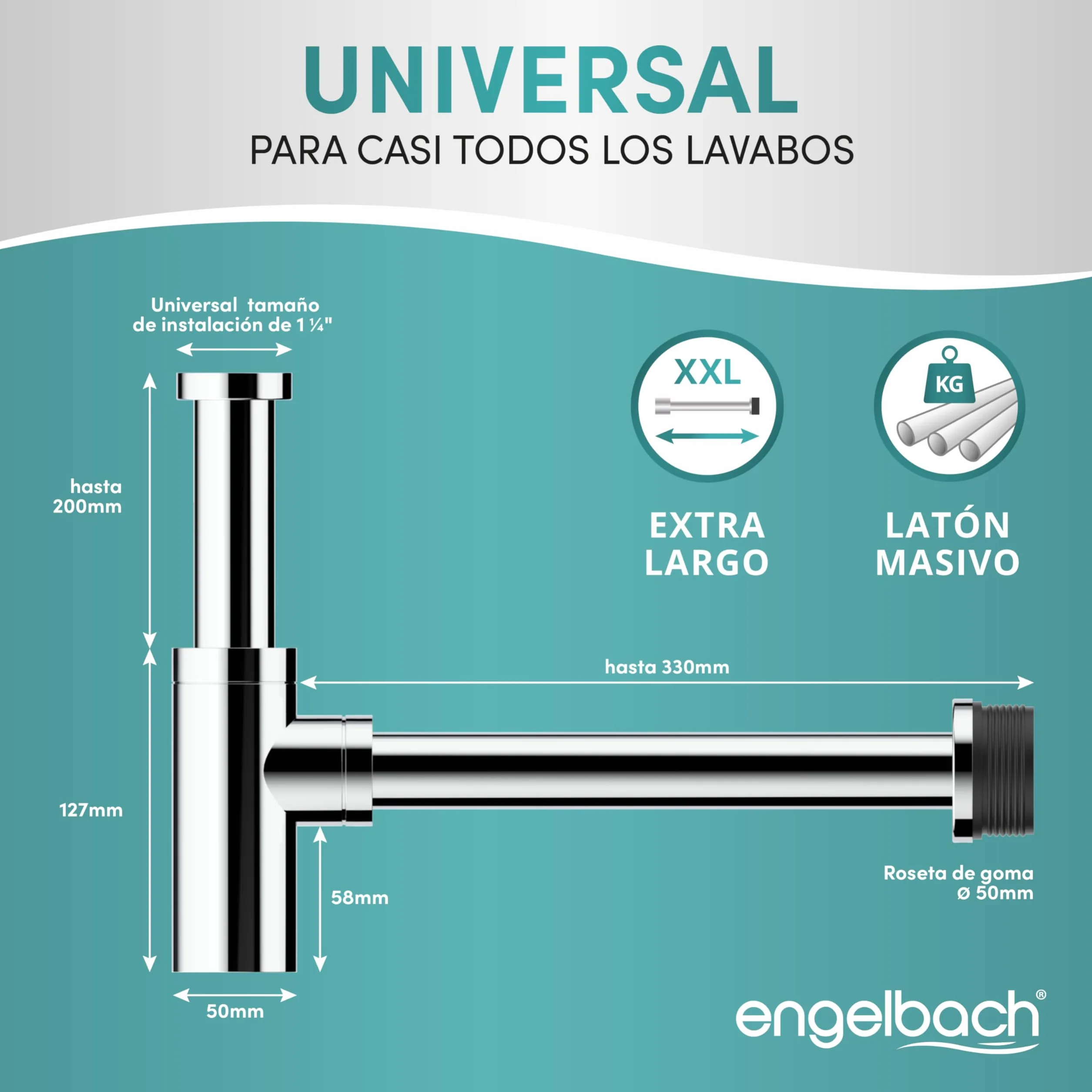 Engelbach Sifón lavabo 1 1/4" cromado desagüe universal con apertura limpieza