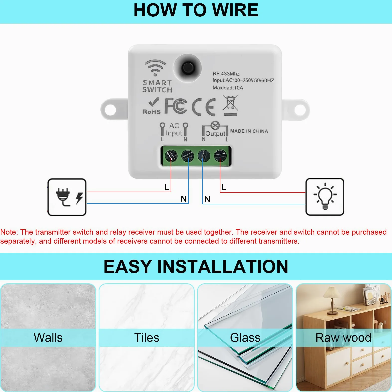 Interruptor Inalámbrico sin pilas RF433 240V 10A Interruptor Inalambrico con Receptor Interruptores Inalambricos Conmutador Inalambricos WHD05+WHZ03 (1 receptor + 3 paneles de control)