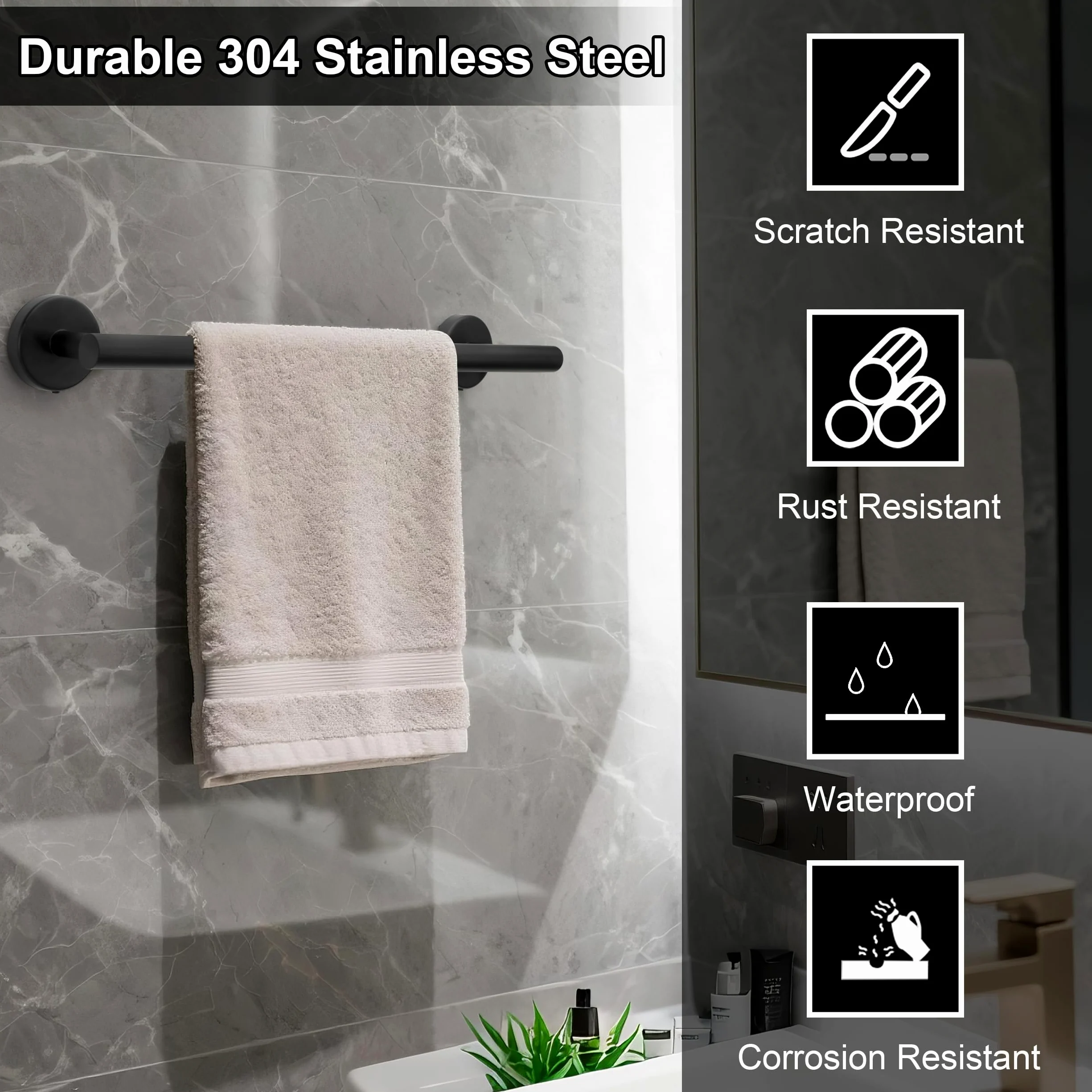 Juego de Toallero de Baño Juego de Herrajes de Baño de Acero Inoxidable Ganchos para Bata para Baño y Cocina 5 Piezas (Negro)