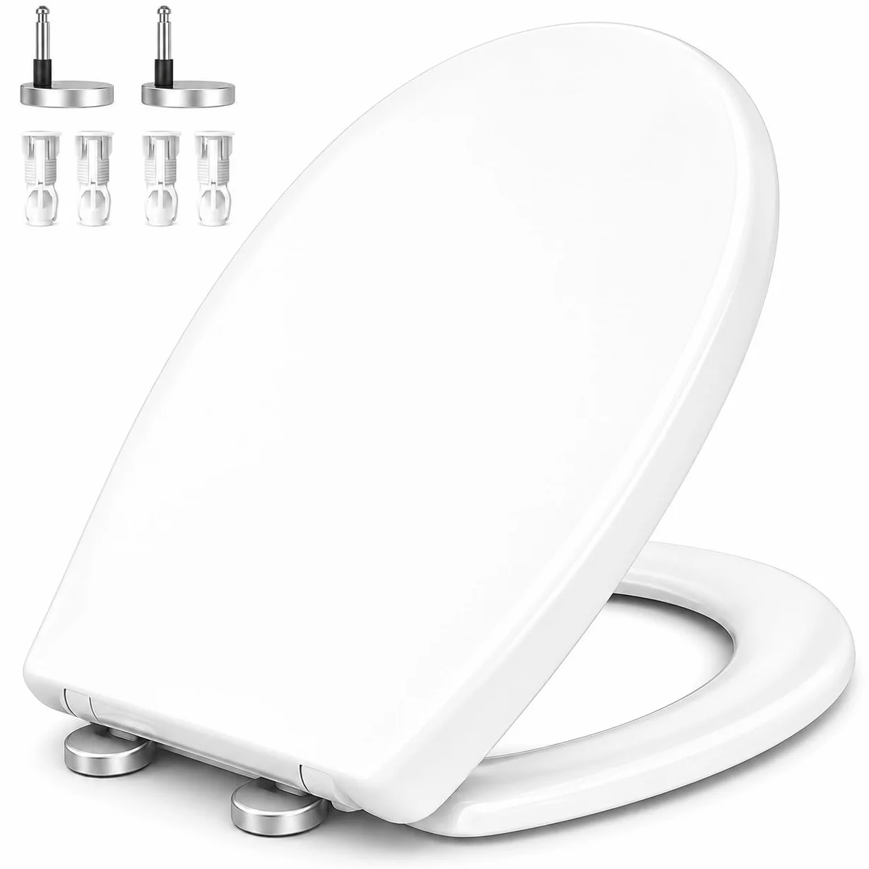Zuvo Asiento de inodoro de cierre suave (forma de O, liberación rápida), asiento de inodoro estándar del Reino Unido con bisagras ajustables, mecanismo antigolpes, color blanco