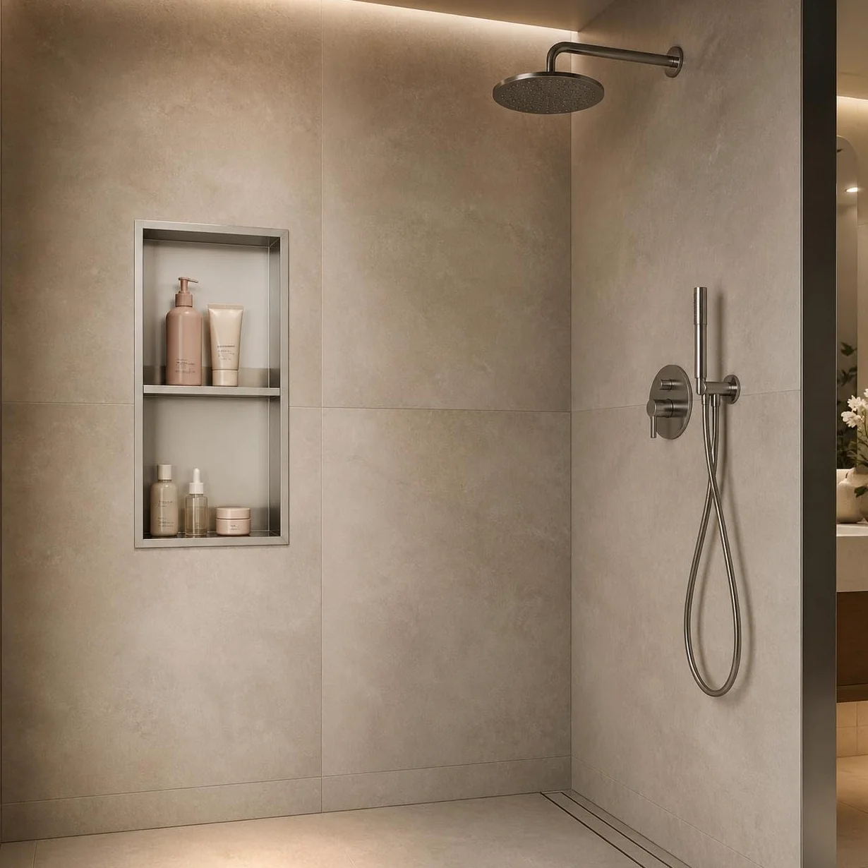 Hornacina Ducha Empotrable Vertical 33x63 cm Acero Inoxidable S.304 Nicho Baño Pared Anticorrosión MEDIMEX Artic Níquel Cepillado
