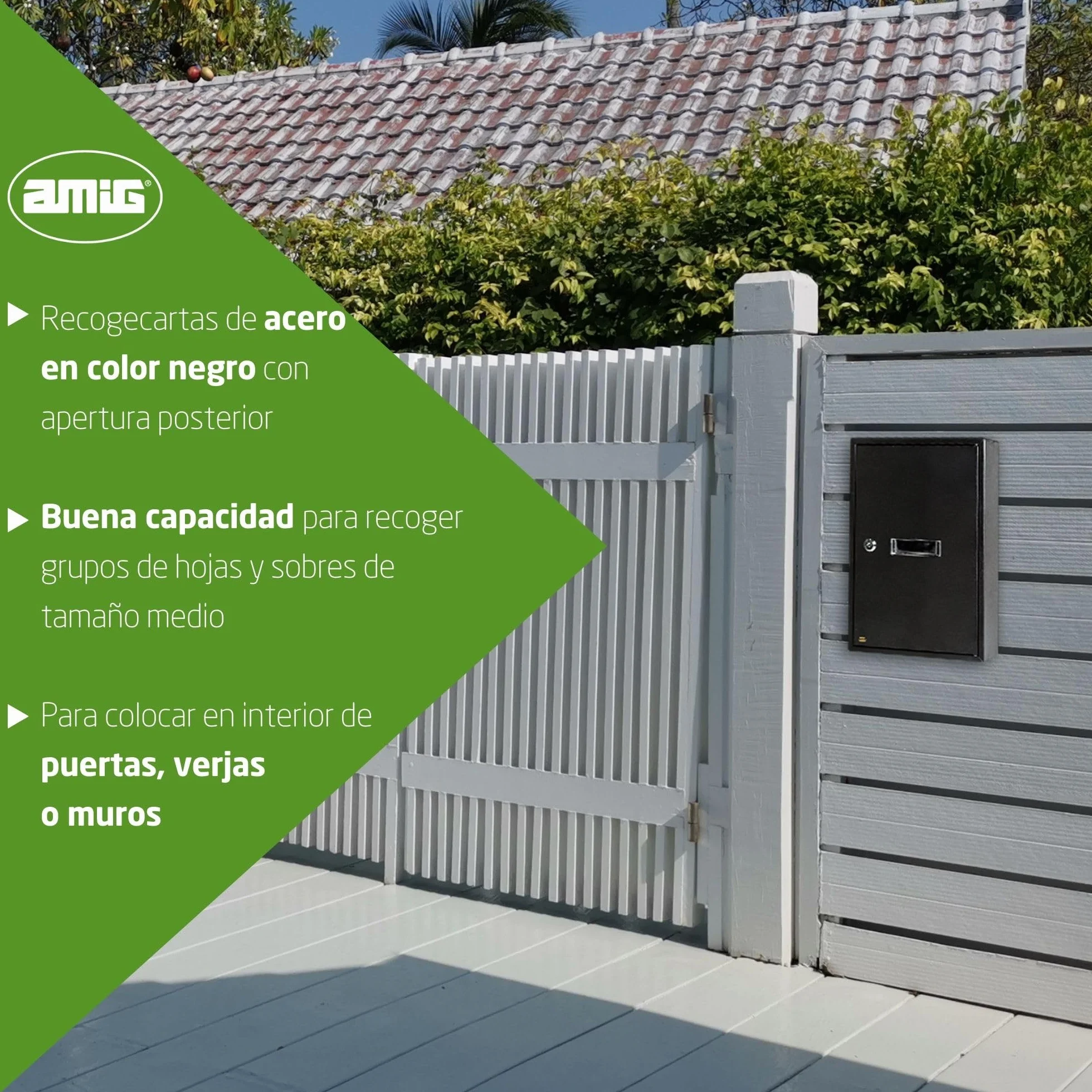 Amig - Buzón Recogecartas para Interior - Tamaño Compacto para DIN A4 - Apertura con Cerradura - Acero Negro- Fácil de Instalar en Puertas o Verjas - 40 x 25 x 10 cm