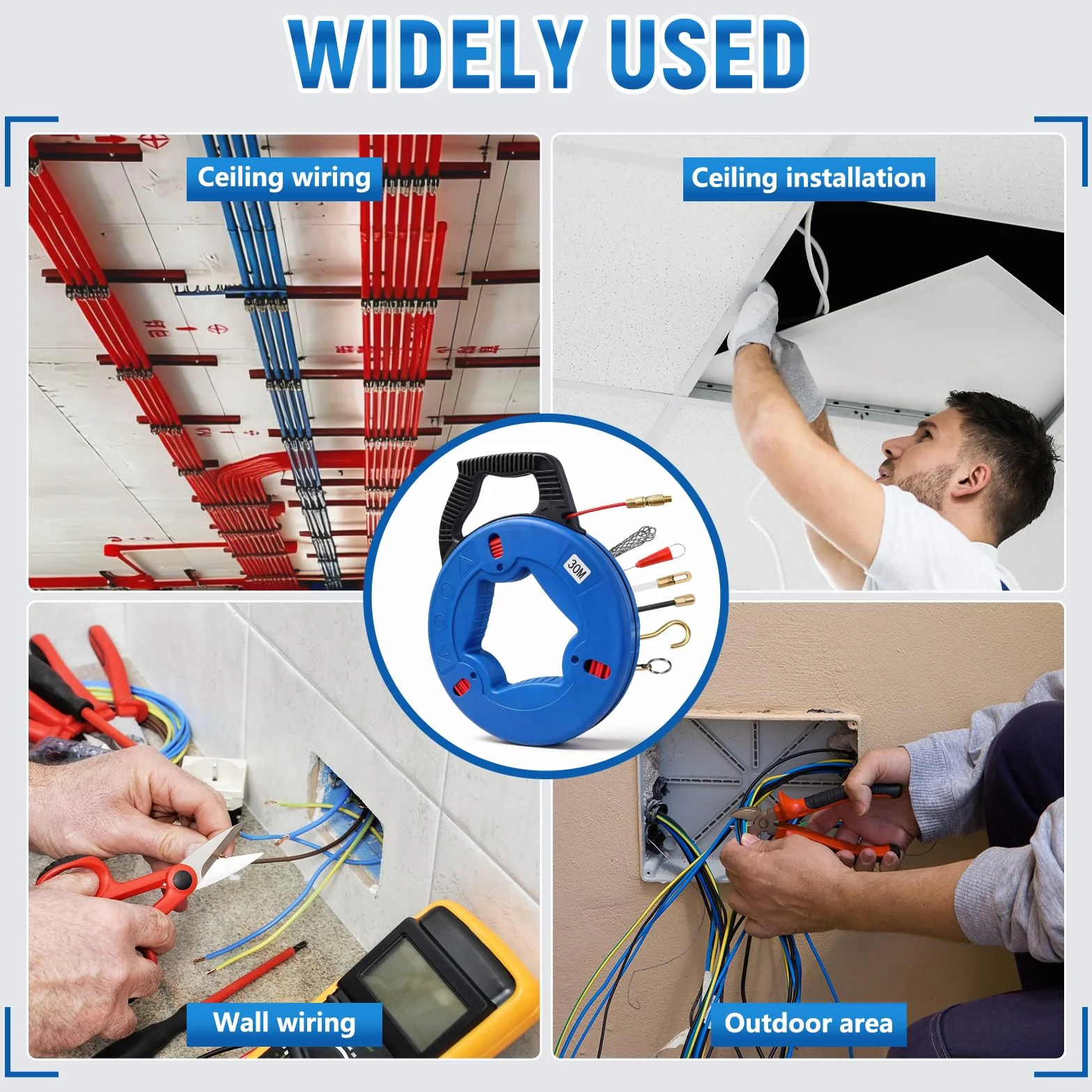 Cable de fibra de vidrio 30m 4mm ayudante inserción con cabeza cobre 6 adaptadores resorte