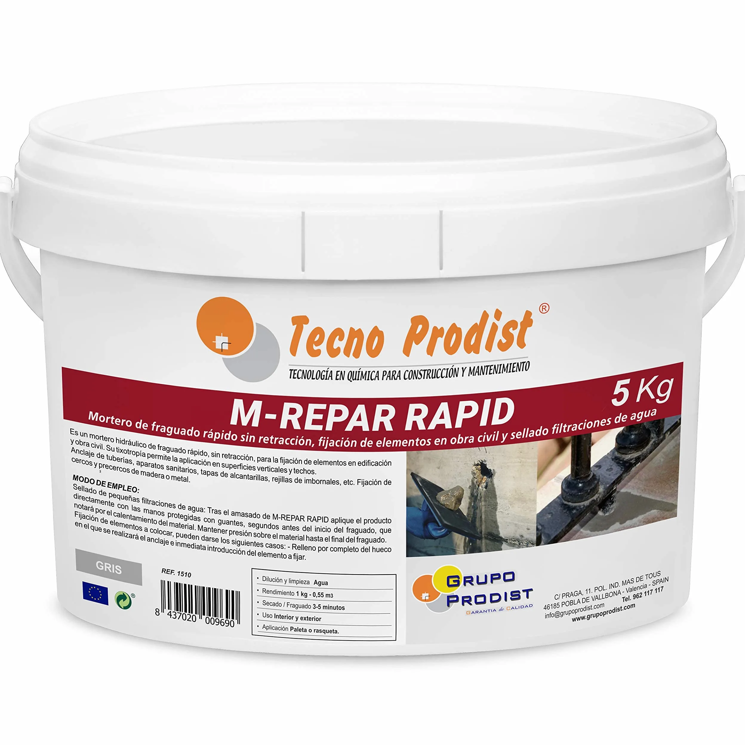 M-REPAR RAPID de Tecno Prodist - (5 Kg) Mortero de fraguado rápido sin retracción, fijación de elementos en obra civil y sellado de filtraciones de agua. Color Gris