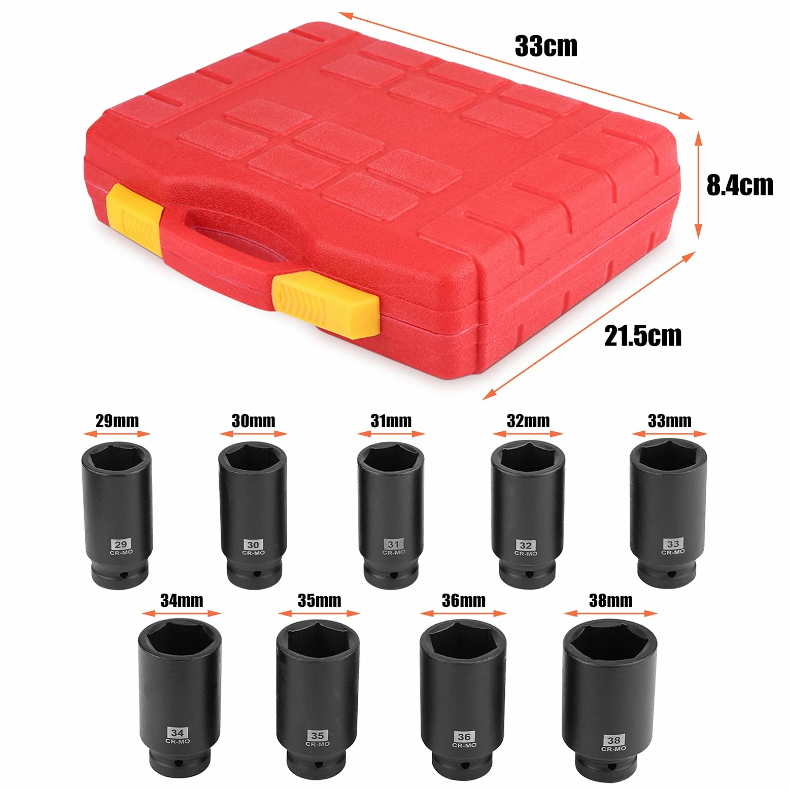 Juego de Dados de Impacto 1/2", 9 Piezas, 29mm a 38mm, Incluye 29mm 30mm 31mm 32mm 33mm 34mm 35mm 36mm 38mm