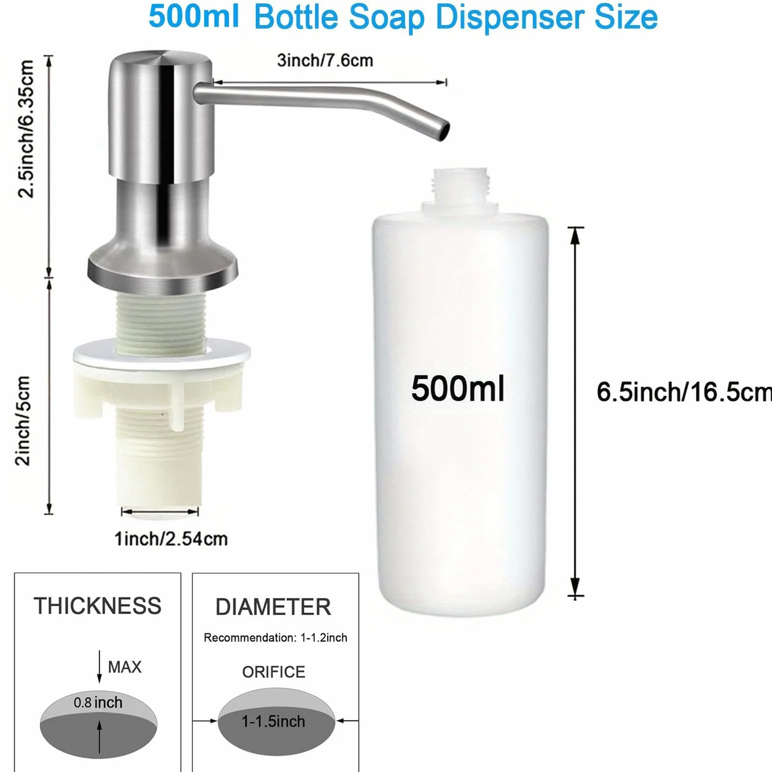 Dispensador de jabón para fregadero de cocina, dispensador de jabón de acero inoxidable, dispensador de jabón líquido, botella de jabón de 350 ml/500 ml, rotación de 360 grados, herramientas de