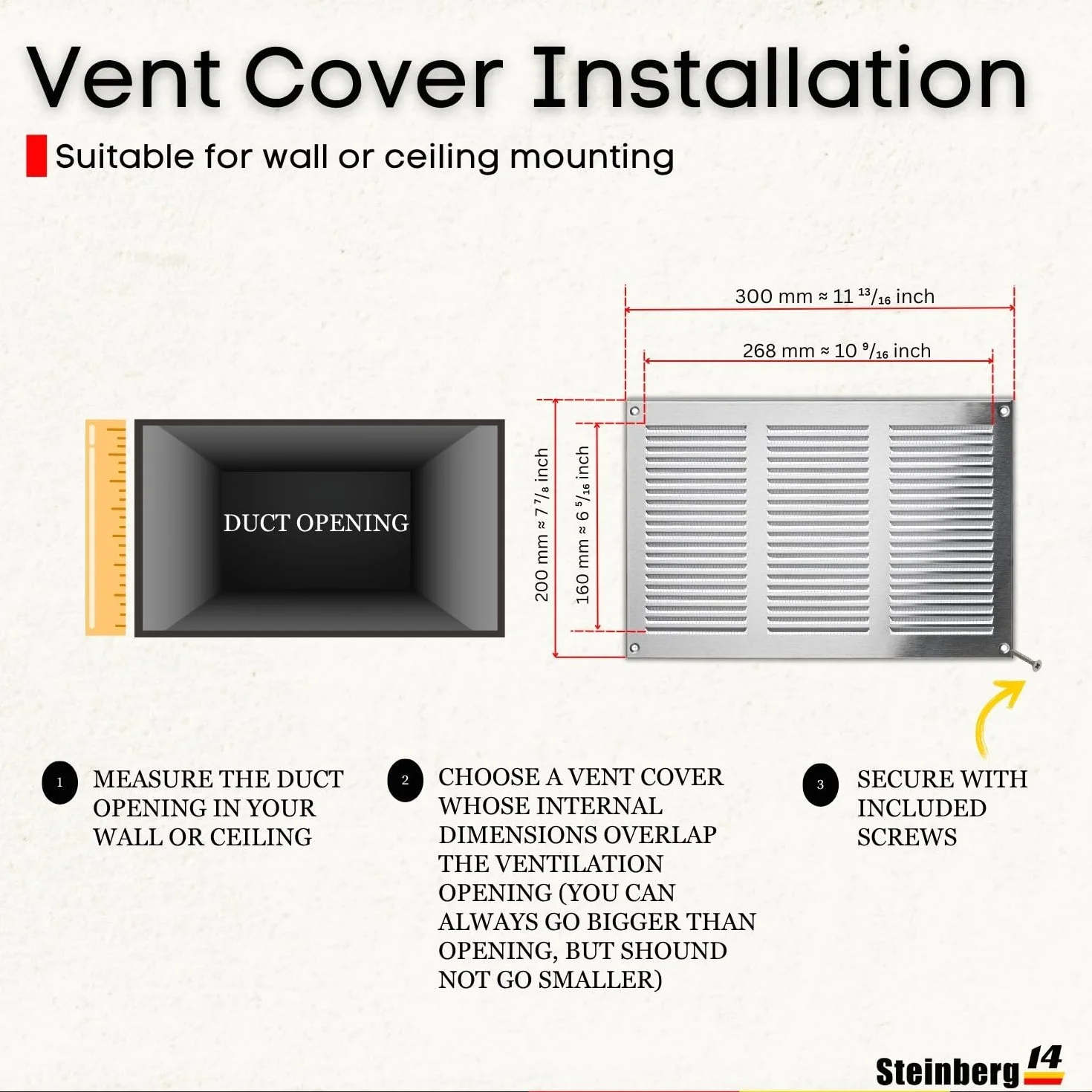 Steinberg14 Rejilla de Ventilación de Acero Inoxidable 300x200mm, con Protección Contra Insectos, ideal para ventilación, medidas 30x20 cm