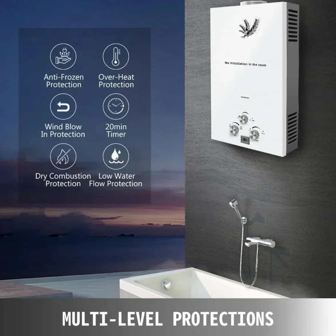 Calentador de Agua a Gas GLP 20KW 10L Instantáneo Portátil Butano Propano para Ducha Camping