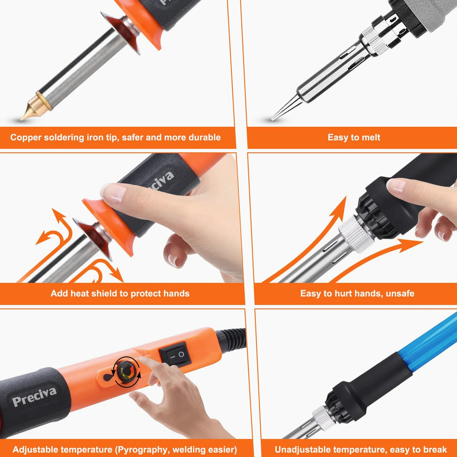Pirografía Madera 25W, Preciva Soldador Quema Eléctrico Temperatura Ajustable 300~500 ℃ para Madera DIY, Manualidades, Pirografía Eléctrica, con 6 Puntas para Soldadura