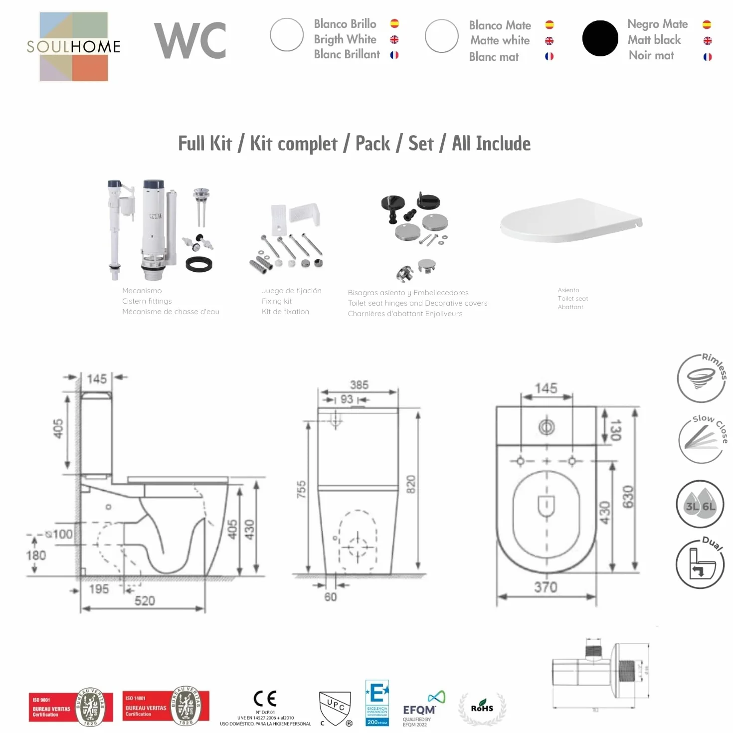SOULHOME Pack Inodoro Completo Rimless Curvo Blanco Mate | Tapa Amortiguada | Salida Horizontal/Vertical | Doble Descarga Eco | Pulsador Dorado