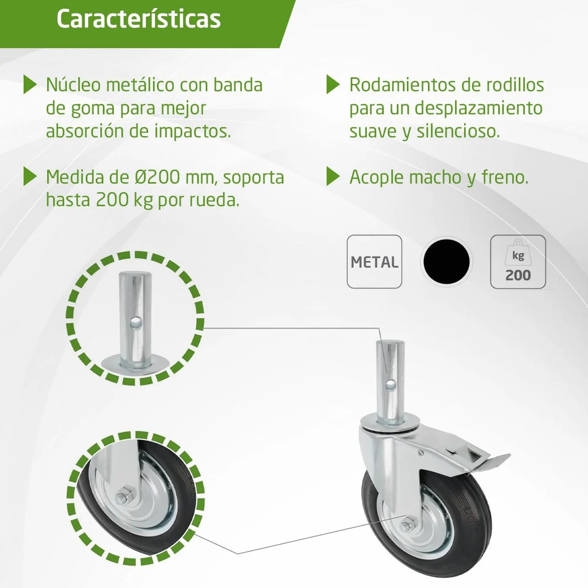 Amig - Rueda Andamio Macho con Freno - Ø200 mm - Núcleo Metálico y Banda de Goma - Rodamientos de Rodillos - Soporta 200 kg - Ideal para Andamios y Suelos Interiores/Exteriores - Ruedas Giratorias