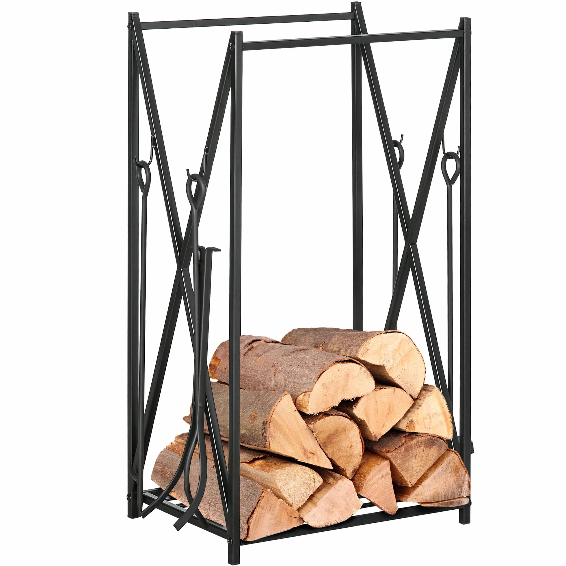 HOMCOM Estante de Leña para Chimenea Soporte para Leña con 4 Herramientas Incluidas Marco de Acero Estable Carga 100 kg para Exterior e Interior 46x30x76 cm Negro