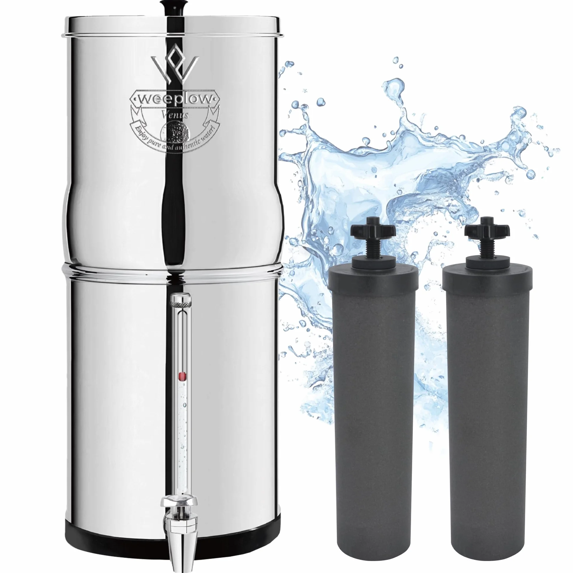 Weeplow® Venus ECO - Sistema de filtración de agua por gravedad 5,6 litros AISI 304 con 2 elementos de purificación O'Pure 2 y grifo 100% inoxidable (inox, 5,6 L ECO)