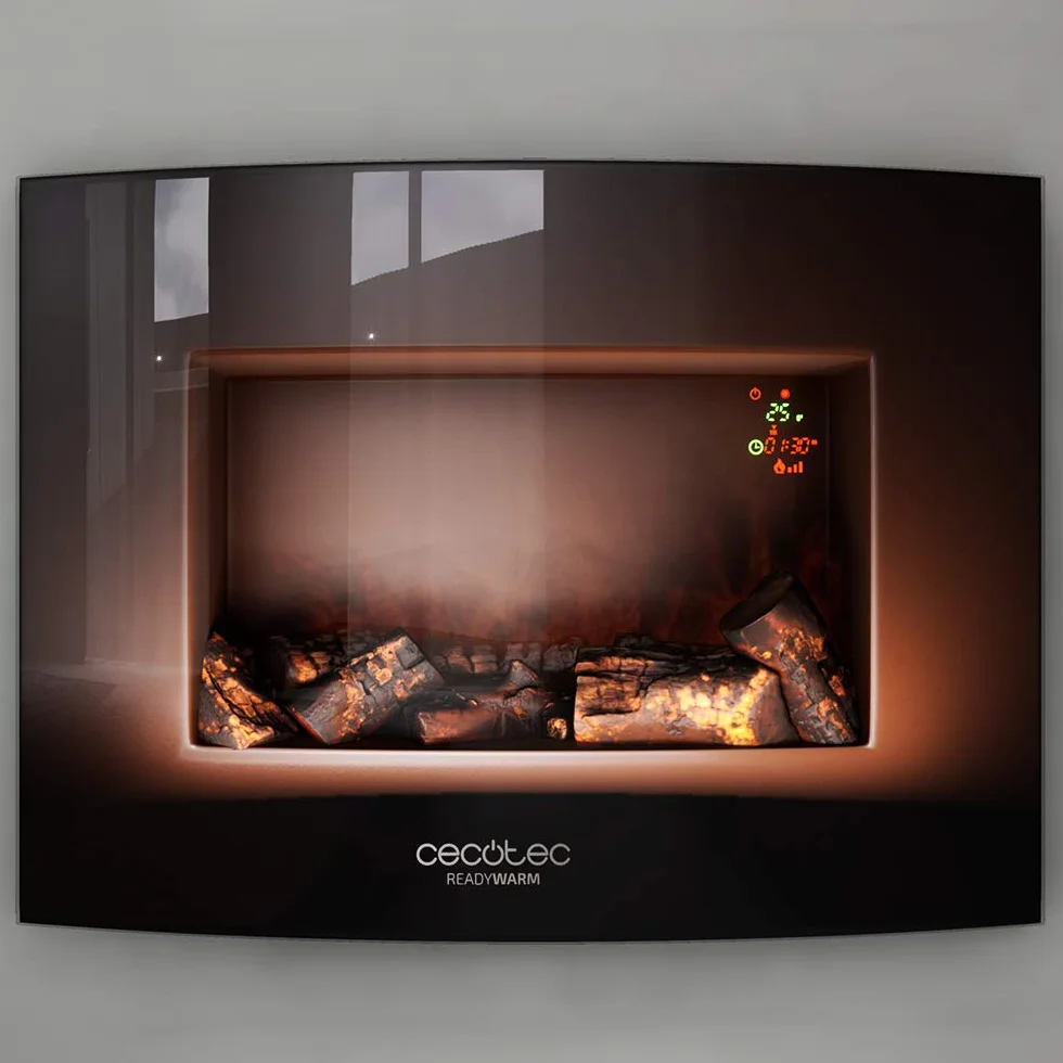 Cecotec Chimenea Eléctrica Decorativa 22” con Mando a Distancia Ready Warm 2210 Curved Flames. Máxima Potencia 2000W, 2 Intensidades, Panel Curvo de Cristal Templado, Llama Ajustable, Temporizador
