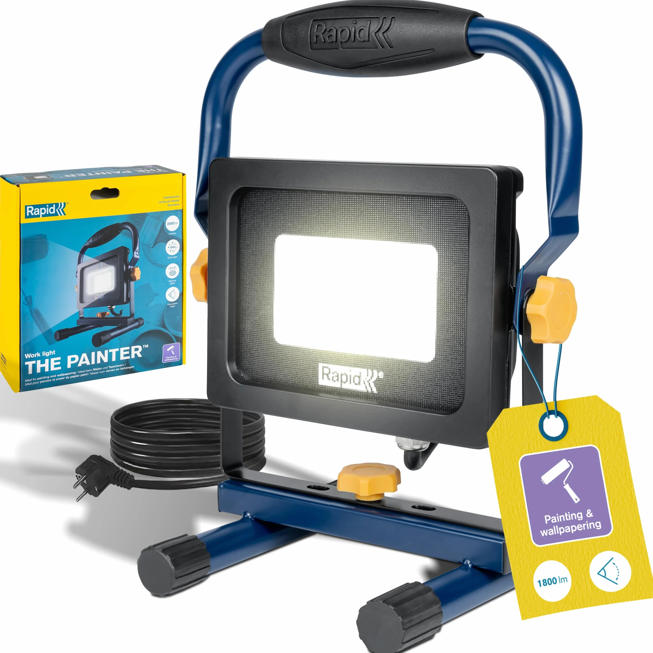 Rapid Luz de trabajo LED The Painter, Potente luz de 2000 lúmenes con ángulo de iluminación ajustable para pintar y empapelar, antideslumbrante, IP65, y temperatura de color de 6000K, cable de 2,5m