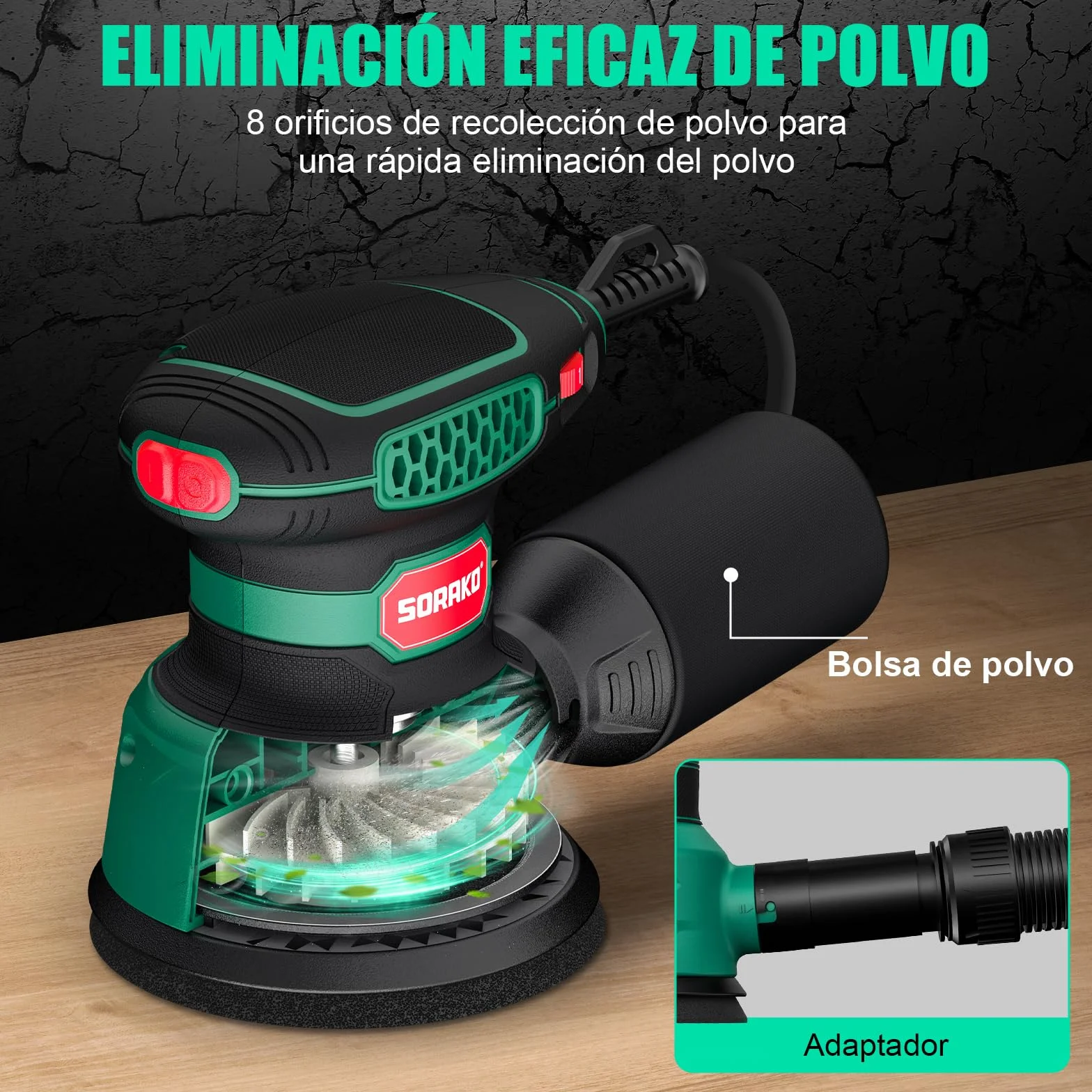 Lijadora Orbital 350W 125MM - 6 velocidades,16 hojas de lijado incluidas,con recolección de polvo y función de freno rápido,Ideal para lijar y pulir madera,en proyectos de afición