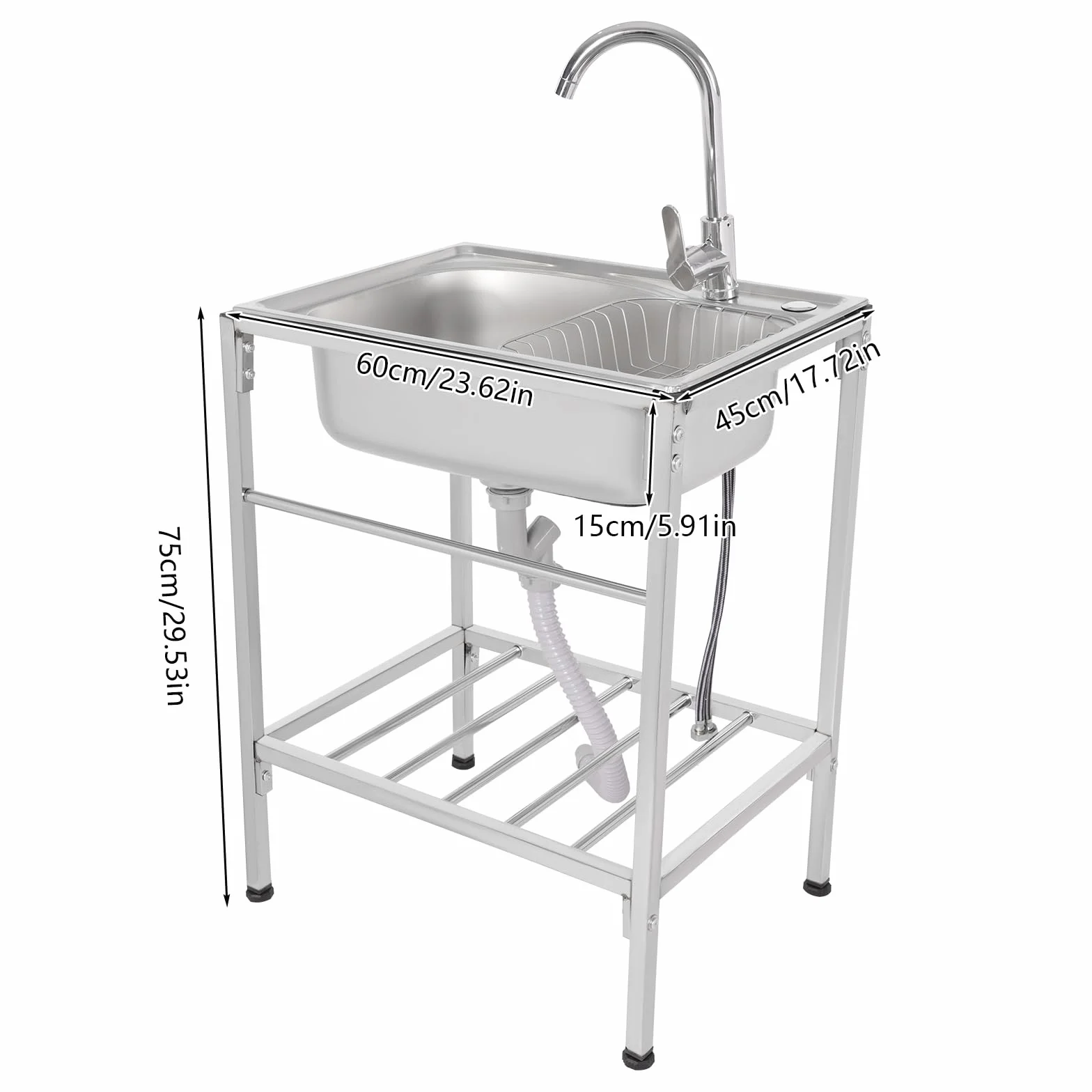 Fregadero de acero inoxidable con cesta, fregadero independiente, multifuncional, pequeño fregadero independiente con grifo, adecuado para lavar ollas, estufas, ingredientes y otros