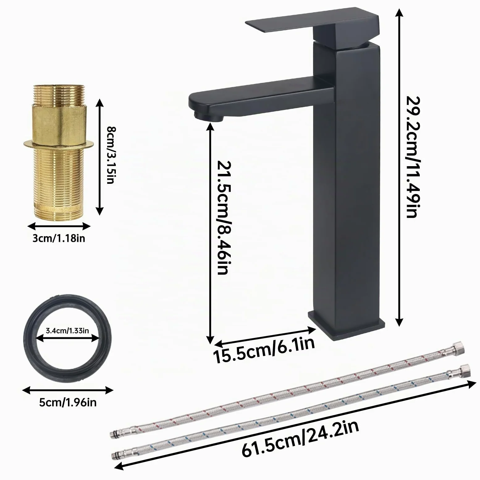 Grifo Lavabo Alto Grifo Baño Grifo Monomando Lavabo con Altura de Salida de 215 MM Grifo Lavabo Negro Acero Inoxidable con Cartuchos Cerámicos para Agua Caliente y Fría Negro