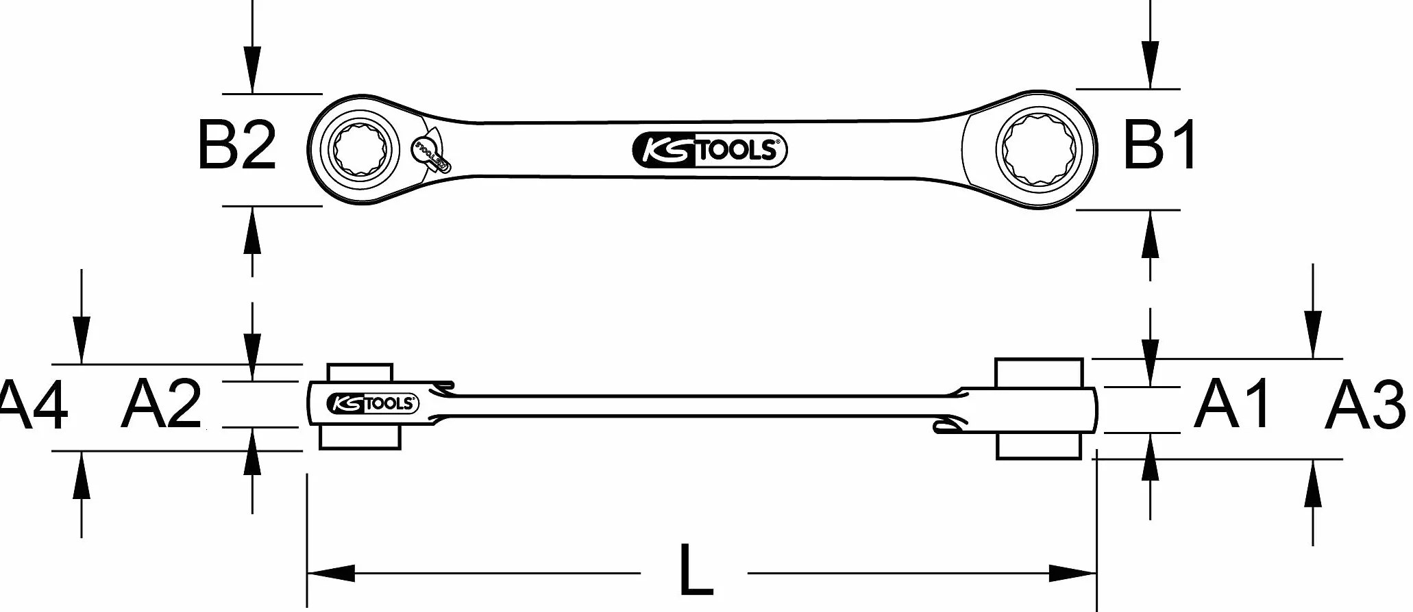 KS Tools 503.4565 Llaves de tuerca de carraca dobles GEARplus 4 en 1,reversibles, 10x13x17x19 mm