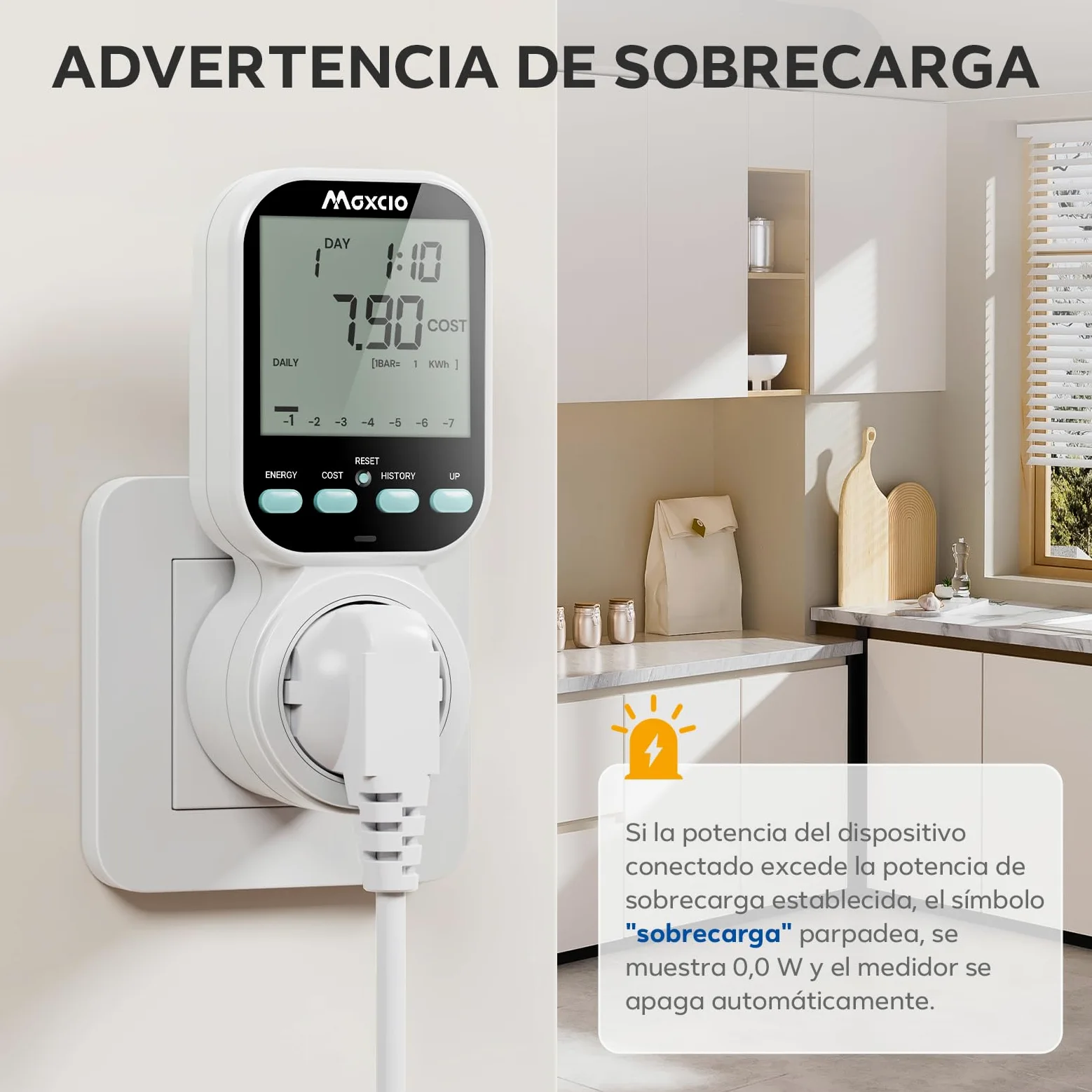 Maxcio Medidor de Consumo de Energía, enchufe de ahorro energético con pantalla LCD retroiluminada, 7 Modos Medidor de Consumo Electrico con Protección contra Sobrecarga, Nuevo Estilo