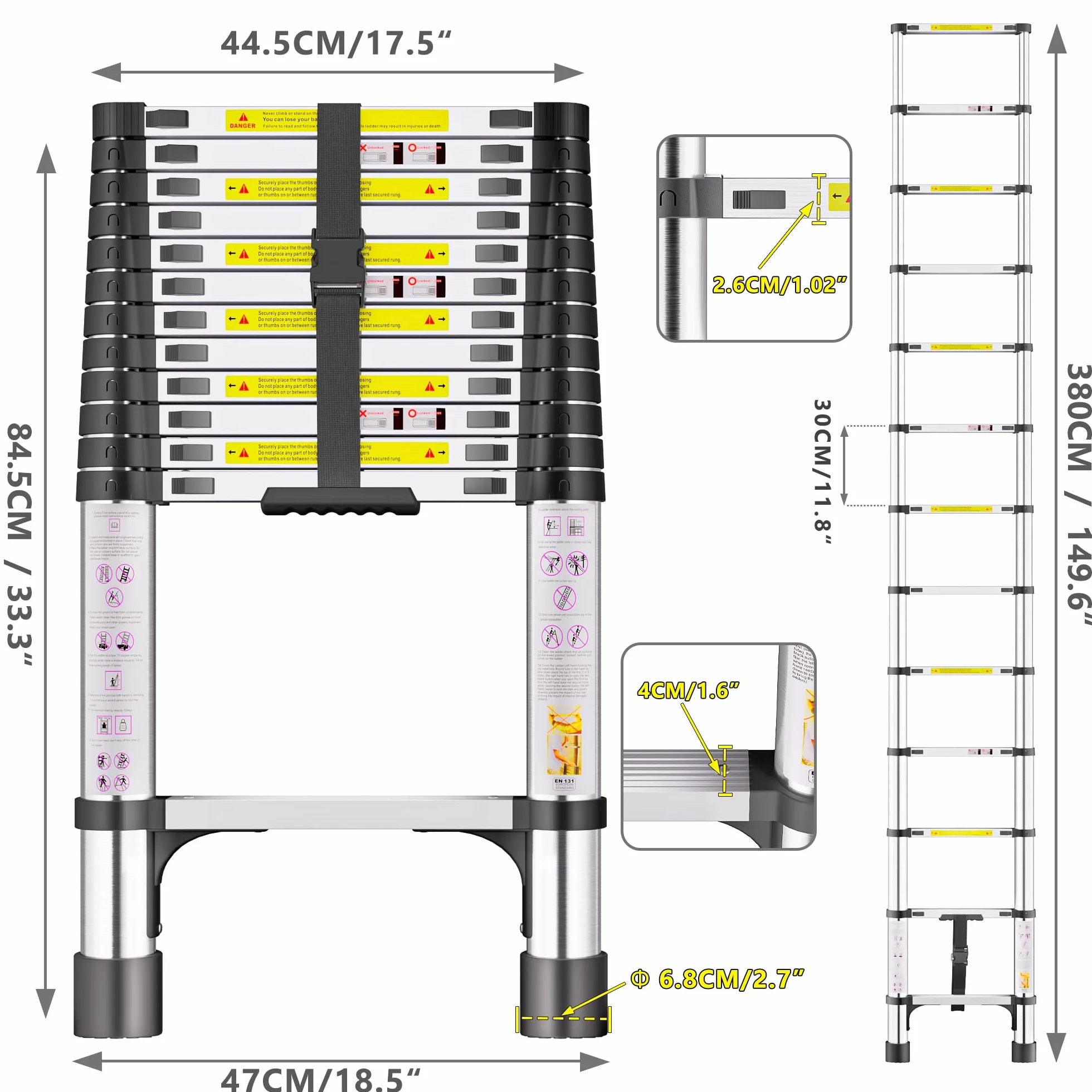 Escalera telescópica de Acero Inoxidable, 3,8m Escalera Extensible Portátil con Patas Antideslizantes, Ideal para áticos, techos, autocaravanas, decoración y Mantenimiento