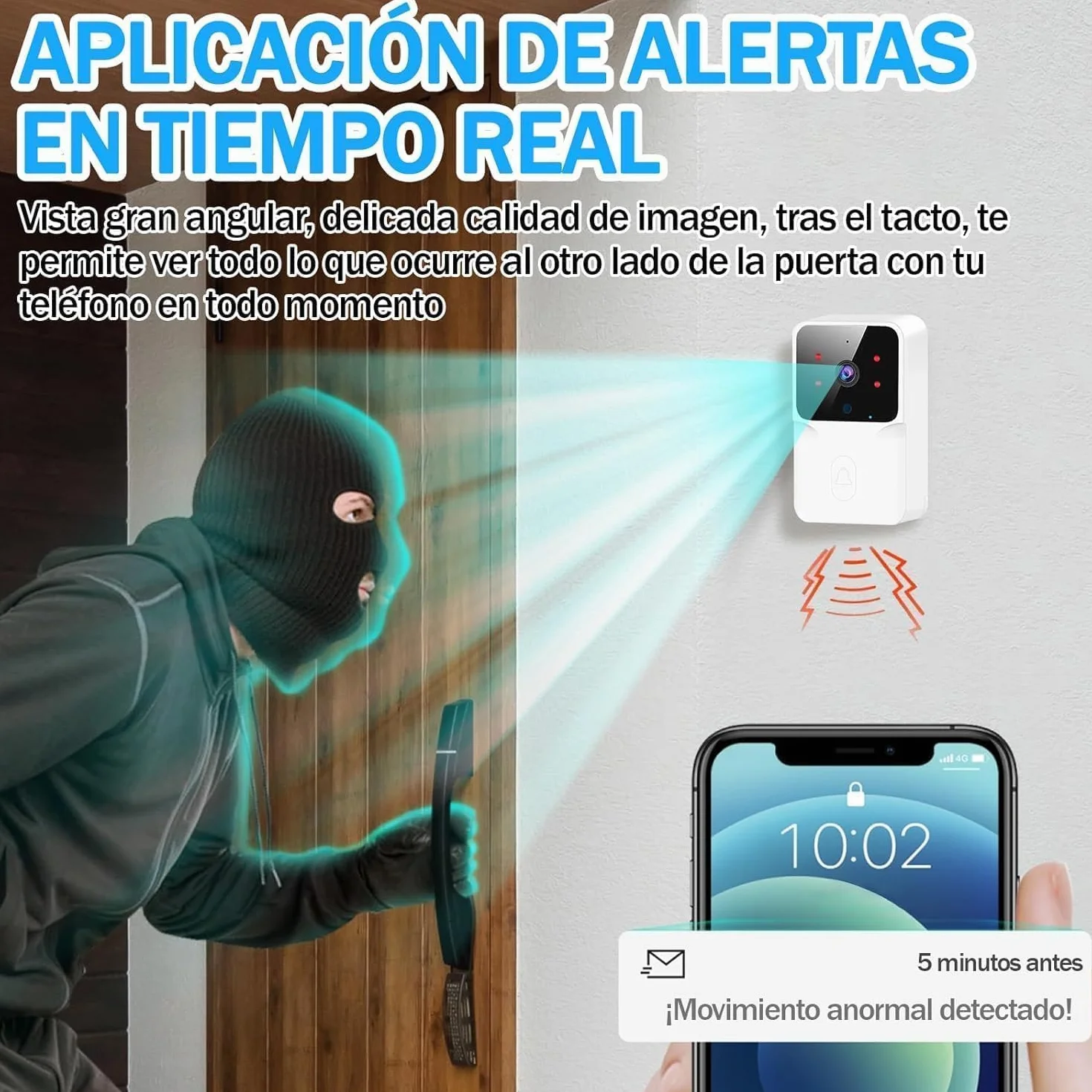 Timbre Videoportero Inalámbrico con Cámara HD1080P,Resistente al Agua,Visióm Nocturna,Videocitofono WiFi,Intercomunicador Bidireccional, Control De Aplicaciones, Instalación Inalámbrica (Small)