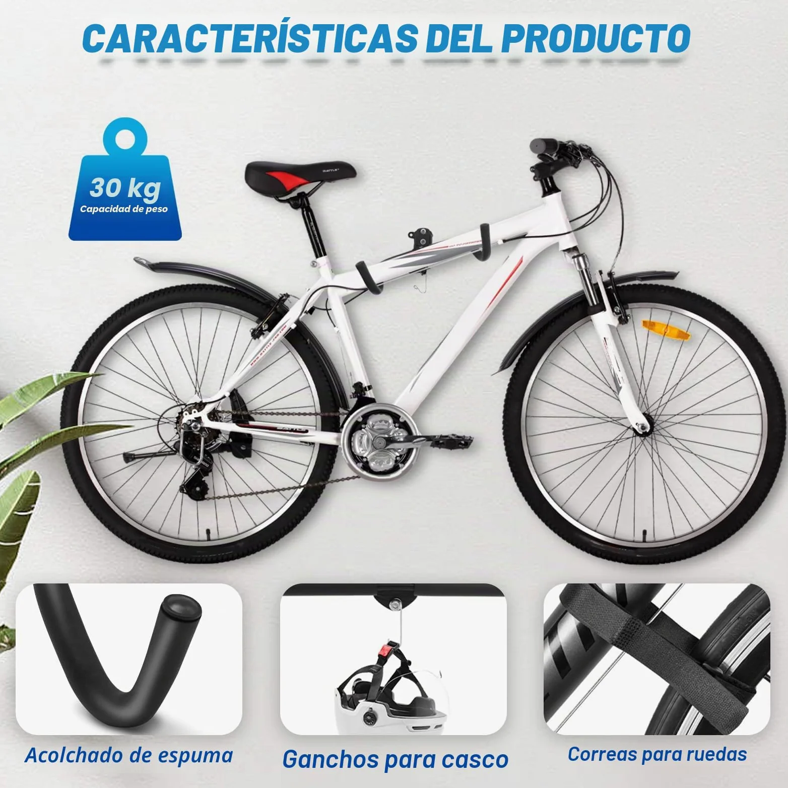 Soporte de Pared para Bicicleta, Plegable Colgador Bicicleta Pared con Gancho para Casco, Espuma Acolchada Capacidad de 30Kg Distancia Ajustables Colgar Bicicletas Pared para Garaje, Interior