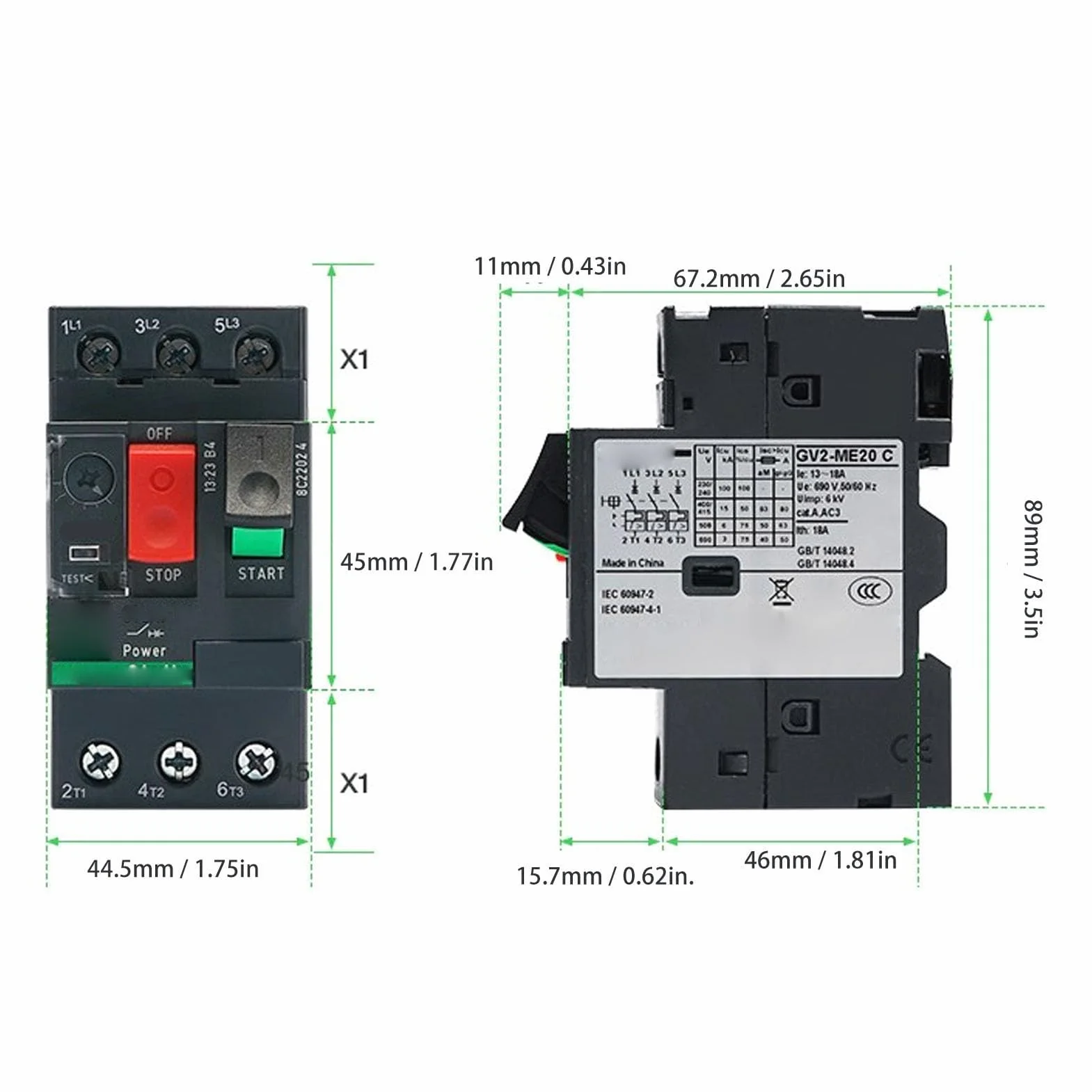 Disyuntor de Protección del Motor AC690V Térmico Magnético Manual con Control de Botón para Varios Motores Montaje en Rail 35mm (GV2-ME14 6-10A)