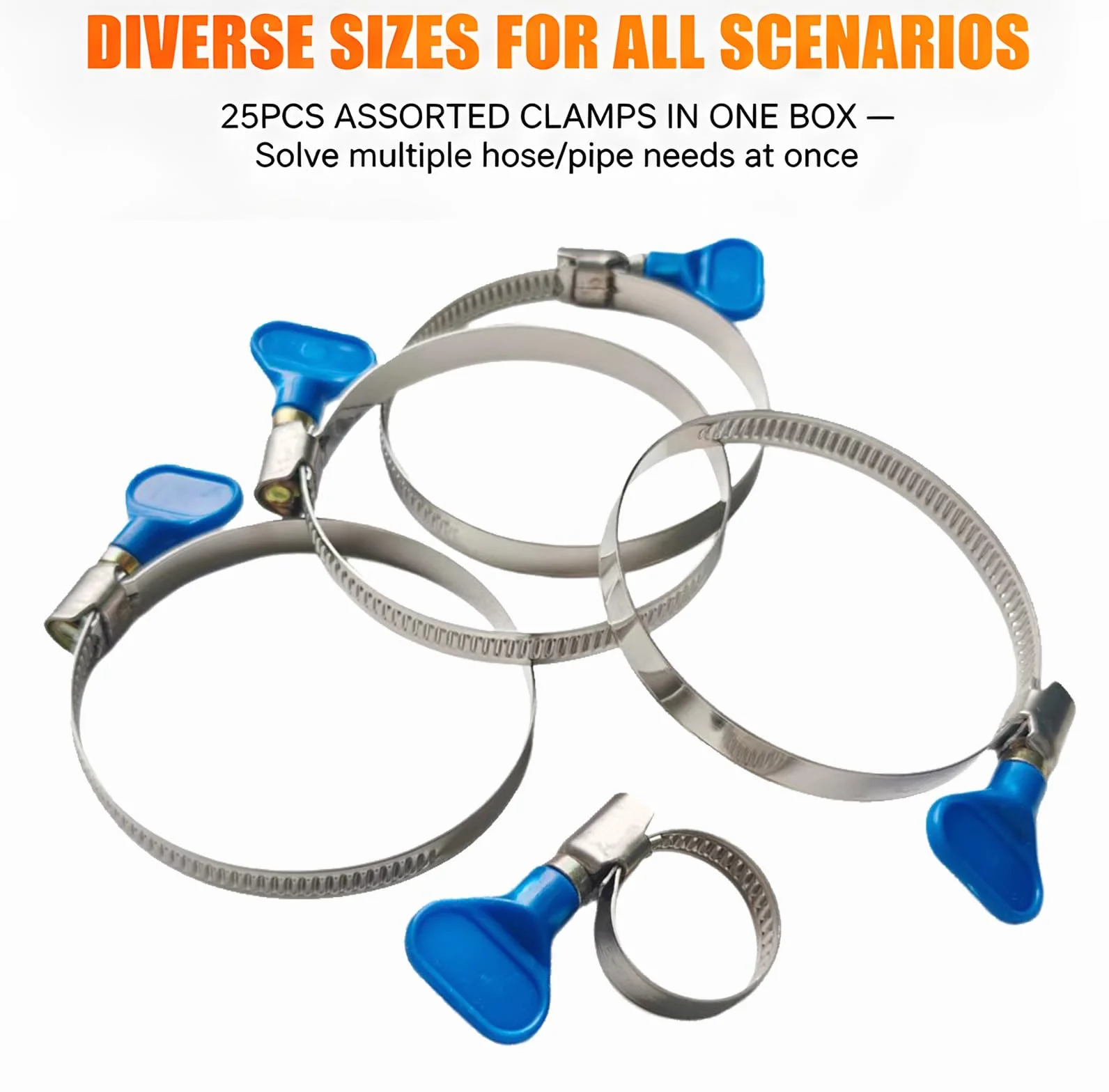 Juego de 25 abrazaderas ajustables de acero inoxidable para tubos 10-70 mm, tornillo de mariposa, 5 tamaños