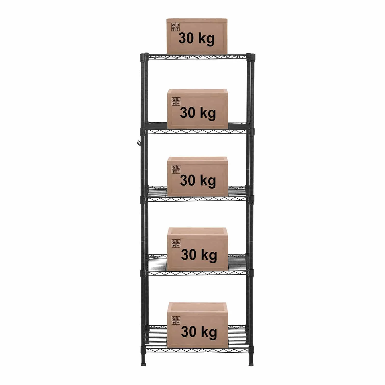 Royal Catering Estantería De Metal Estante Metálico RCMR-1500P19T (55 x 45 x 149,5 cm, Capacidad de carga total: 150 kg, 5 estantes, 4 ganchos, Negro)