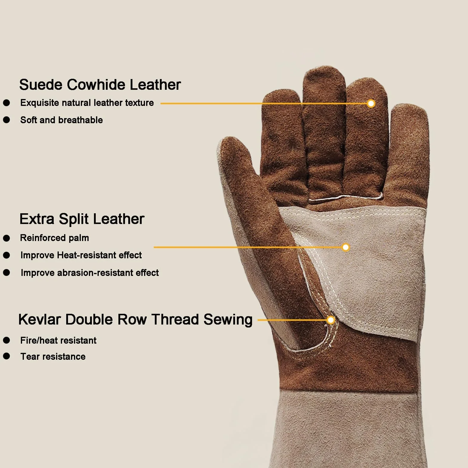 Guantes de soldadura de cuero vacuno para barbacoa, guantes de manga larga ignífugos y resistentes al calor para barbacoa, lucha contra incendios, chimenea, horno, horno, estufa, soporte para