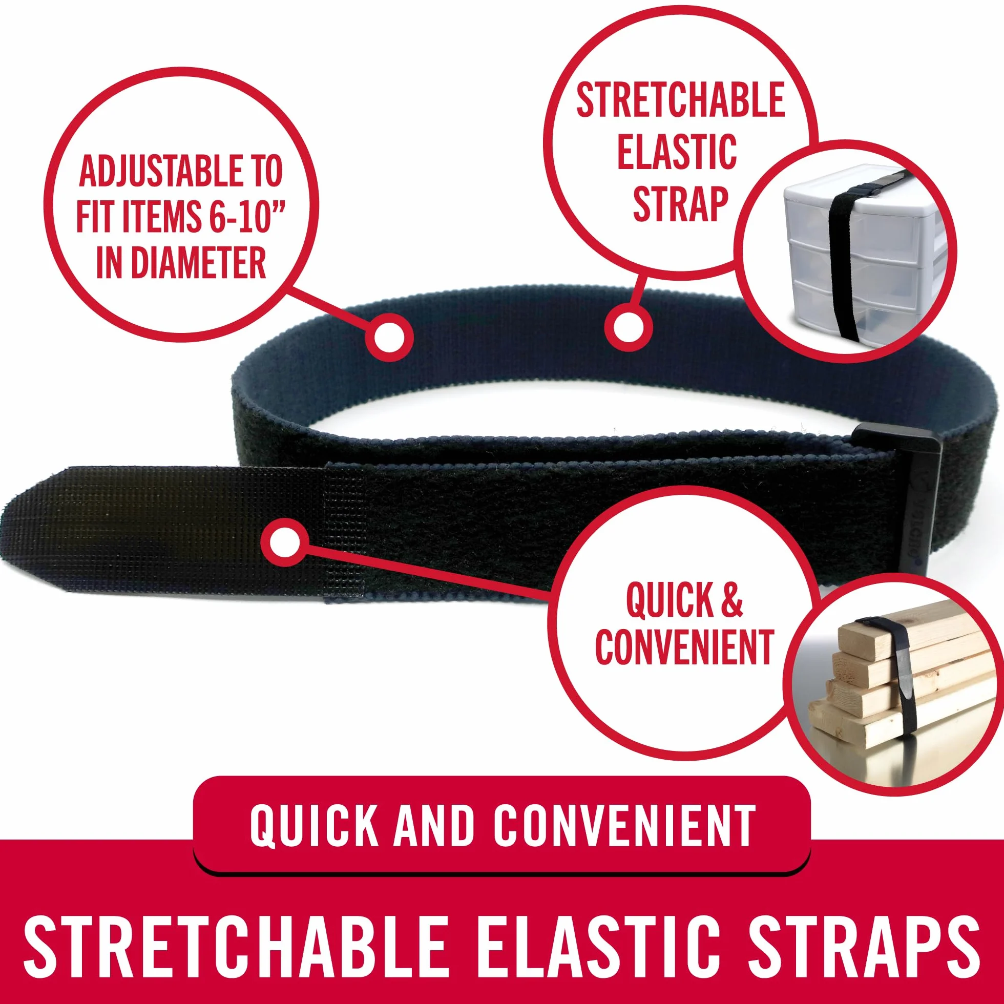 VELCRO Paquete de 4 correas elásticas de 30 pulgadas, elásticas y ajustables para un ajuste cómodo, sujeta paraguas al aire libre, madera, lonas, mantas, postes, más, cincha con hebilla, color negro
