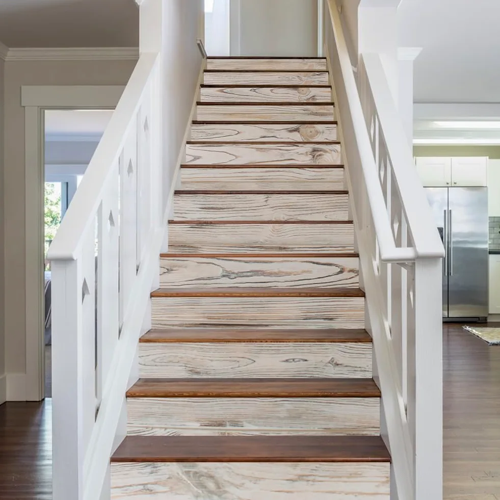 PLIGREAT 15 tiras adhesivas para escaleras con vetas de madera, extraíbles y adhesivas, 18 x 100 cm, en vinilo autoadhesivo para escaleras de madera rústica, decoración de pared para casa y hotel