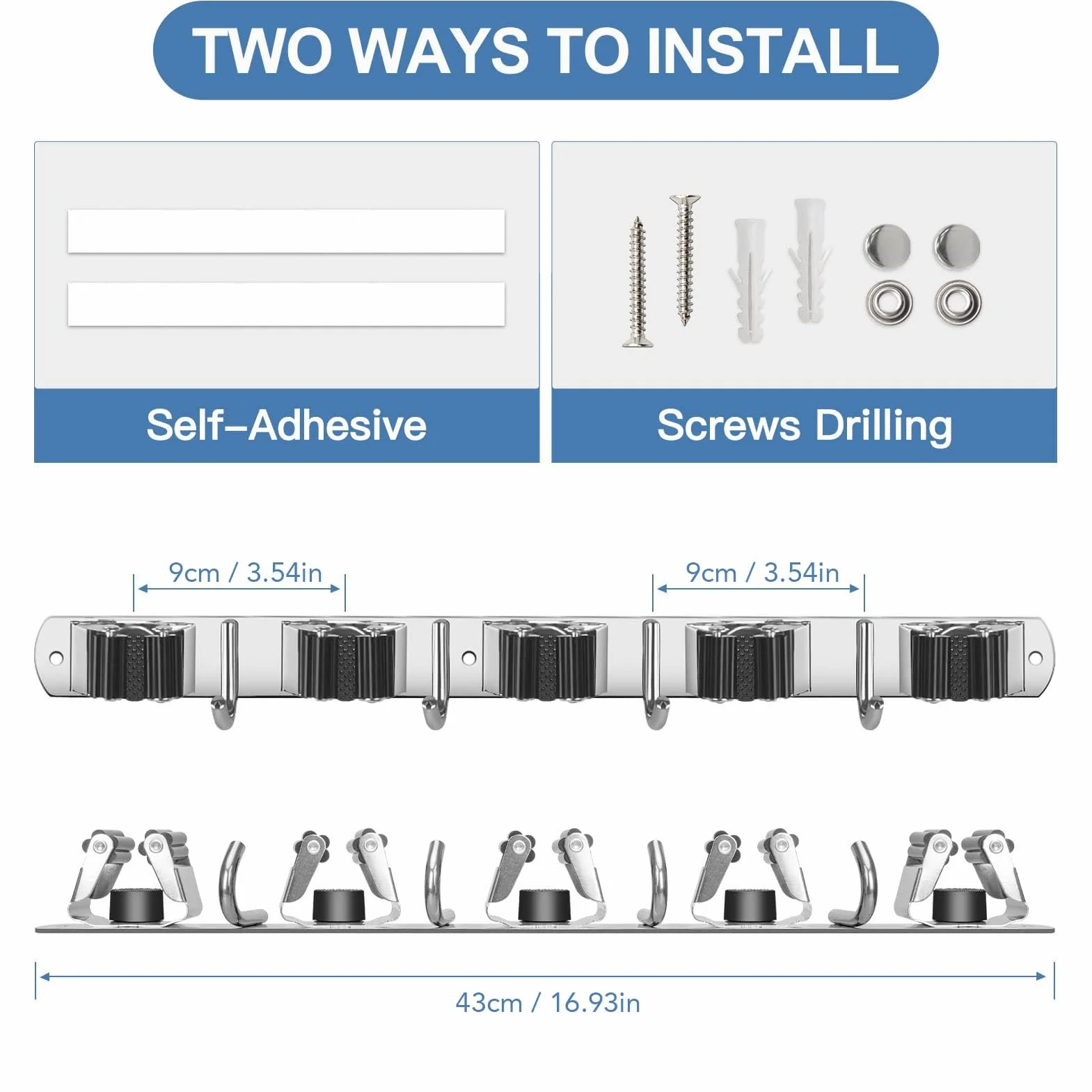 Soporte para Escoba y Fregona, Montaje en Pared, Organizador de Acero Inoxidable Resistente, 5 Ranuras, 4 Ganchos, Garaje, Lavandería, Armario, Almacenamiento, Ahorro de Espacio,