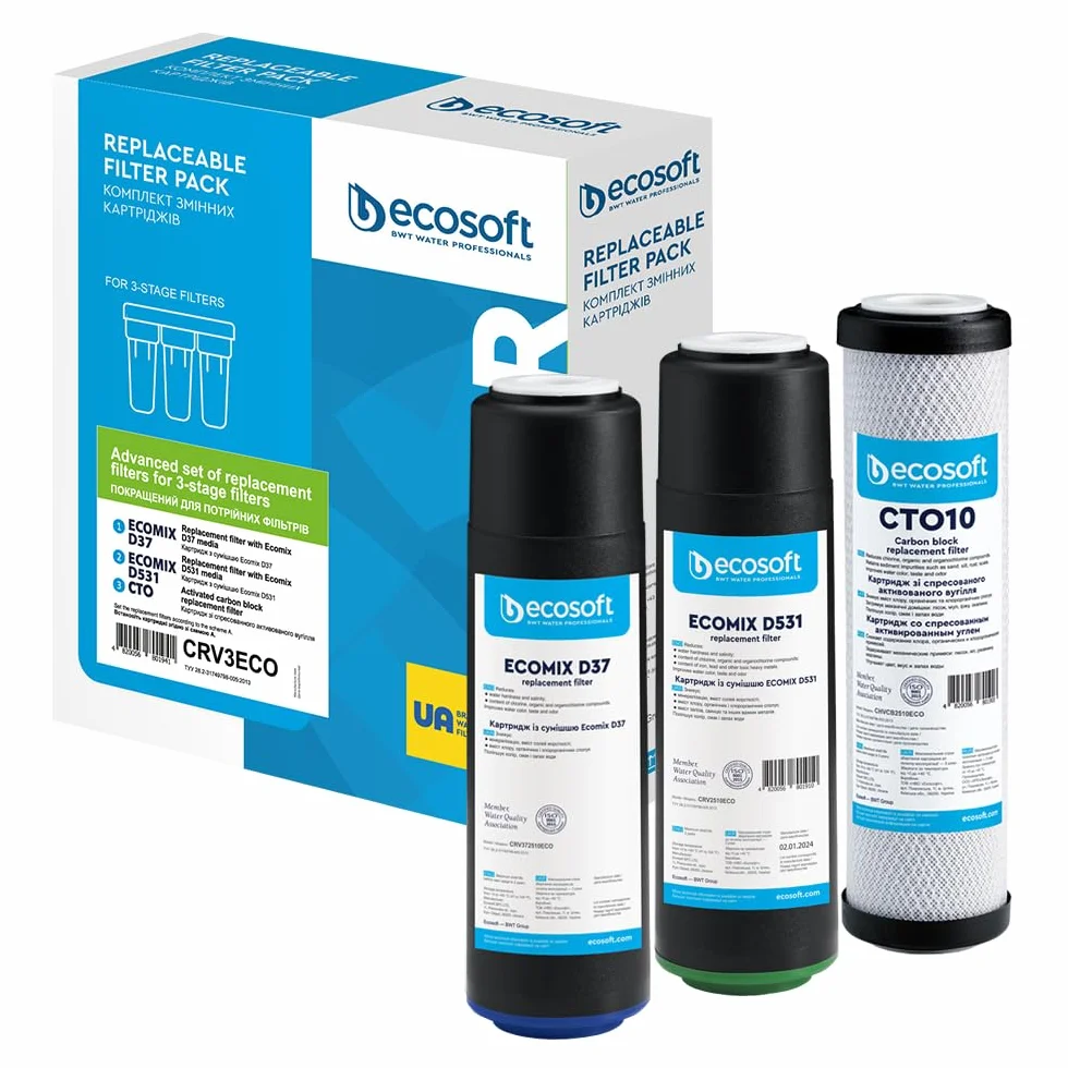 Ecosoft set de recambios de 3 etapas con carbón activo – Eliminación eficaz de cloro y olores – Compatible con sistemas de ósmosis inversa – Instalación bajo fregadero