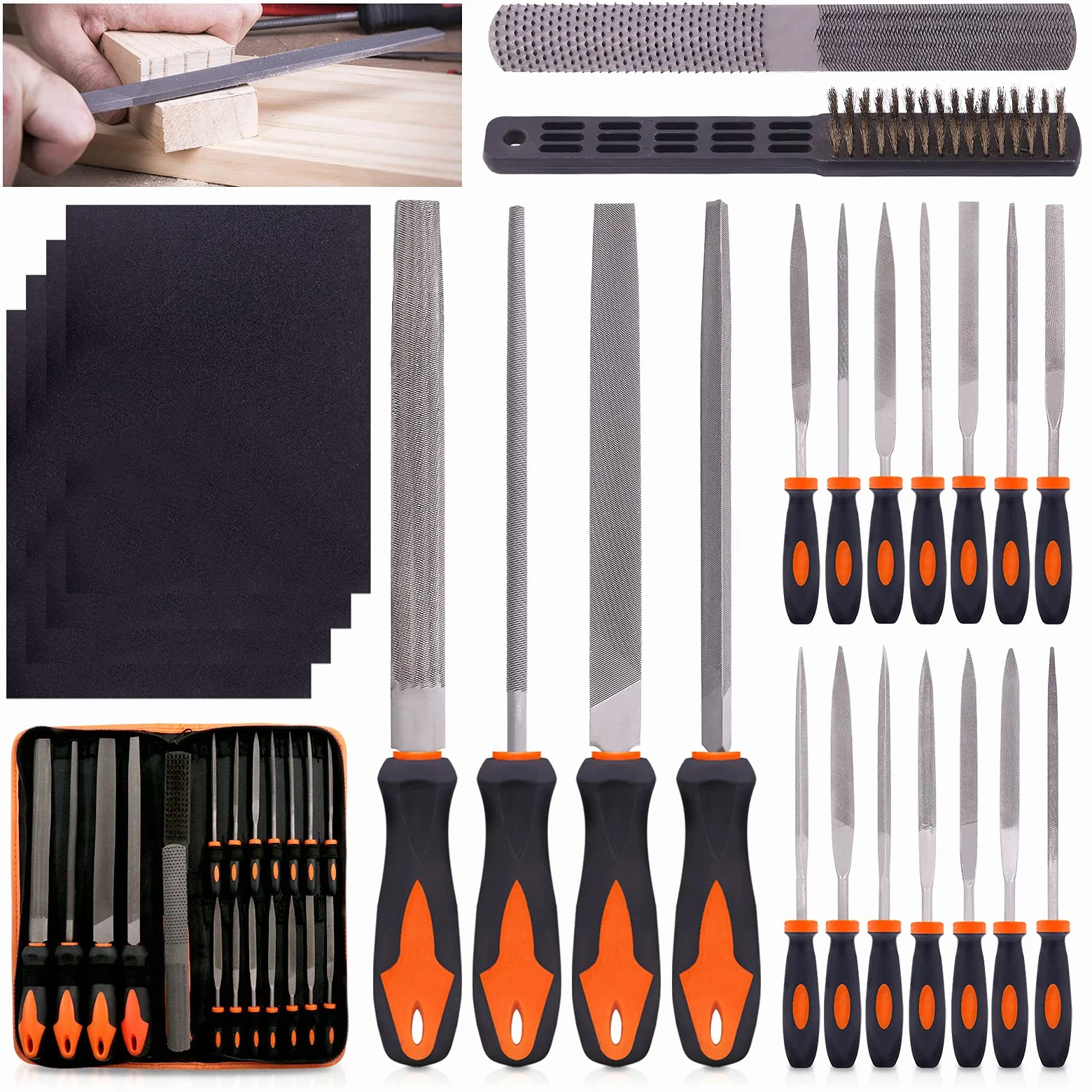 Swpeet Juego de 24 limas de metal con lima de madera 4 en 1 y kit de cepillo de alambre con funda de transporte, limas de aguja, limas planas, lima triangular redonda media redonda para dar forma a