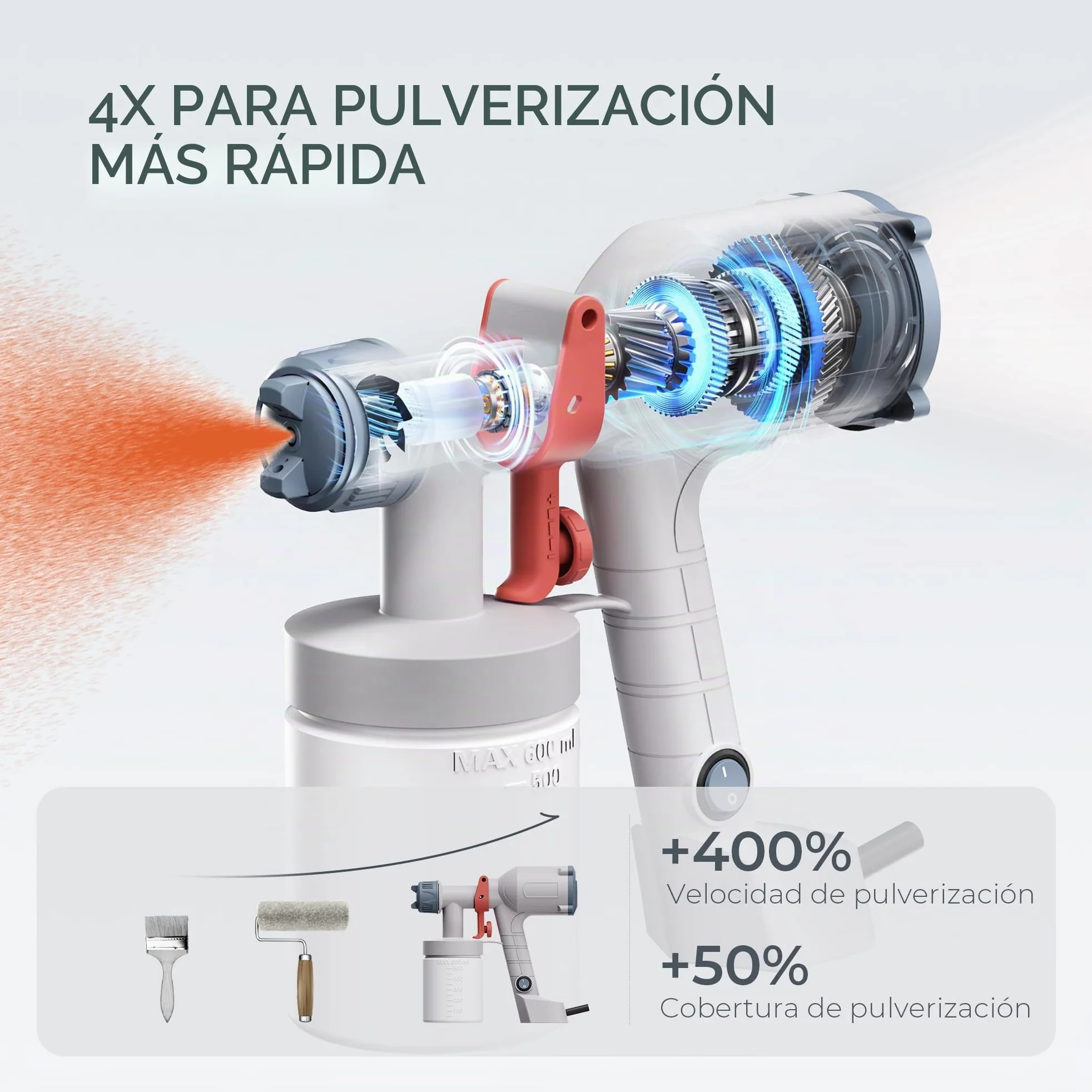 Tilswall Pistola de Pintura Eléctrica - Pulverizador de Pintura Ultraligera con Tanque Desmontable De 600ml, 2 Boquillas & 3 Modos, Paredes, Techos, Muebles, Vallas, Cáscara de Huevo