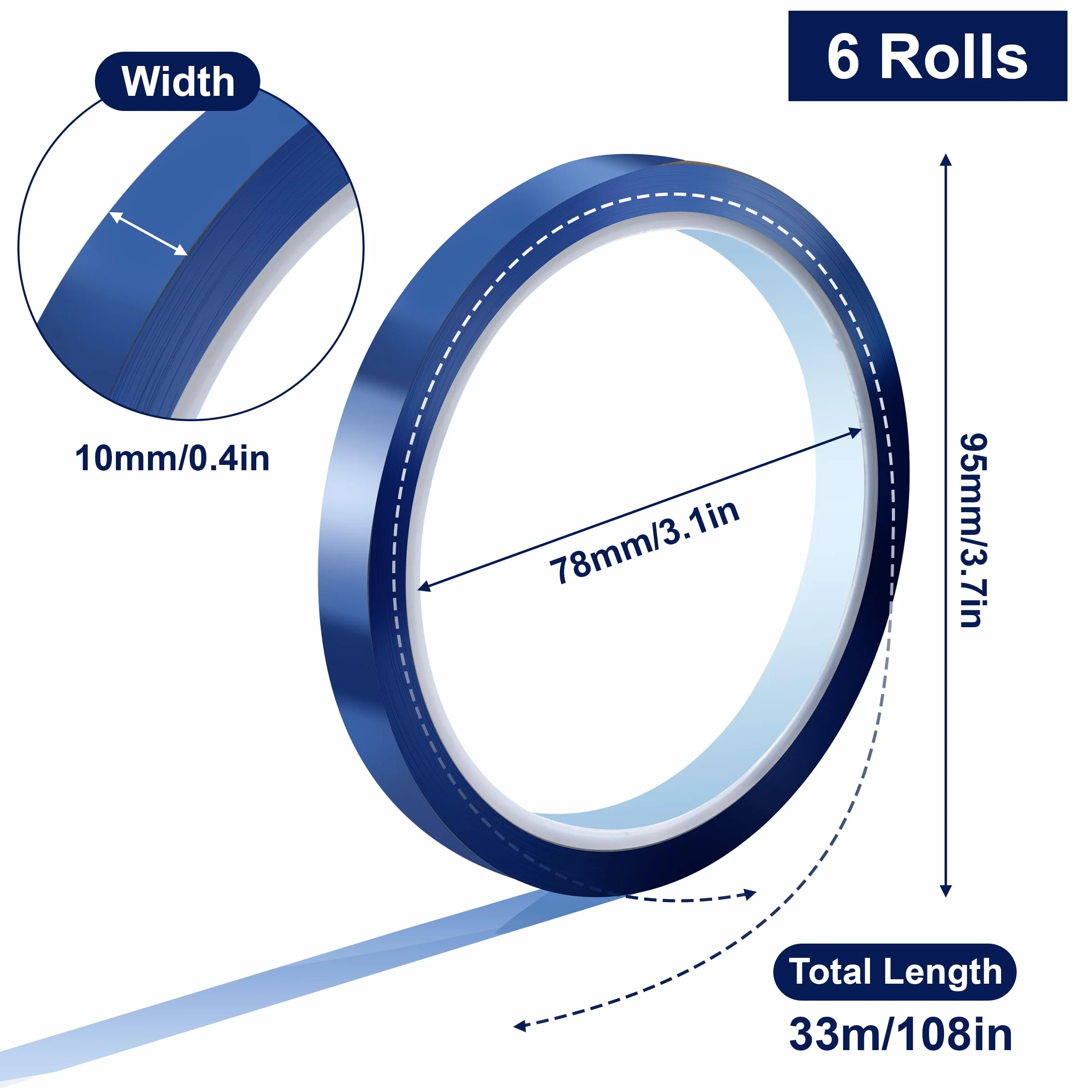 Cintas Térmicas de Azul, 6 Rollos 10 mm x 33 m Cinta Adhesiva Alta Temperatura, sin Residuos, Cinta Resistente Al Calor, sin Residuos, para Sublimación, Soldar, Pintura, Placas de Circuito