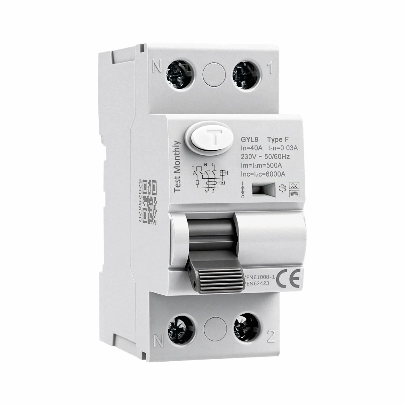 Disyuntor diferencial 40A 30mA tipo F Interruptor diferencial 40A 30mA 6kA RCCB 2 polos AC230V disyuntor de corriente residual Apto para equipos con carga de frecuencia variable monofásica GYL9