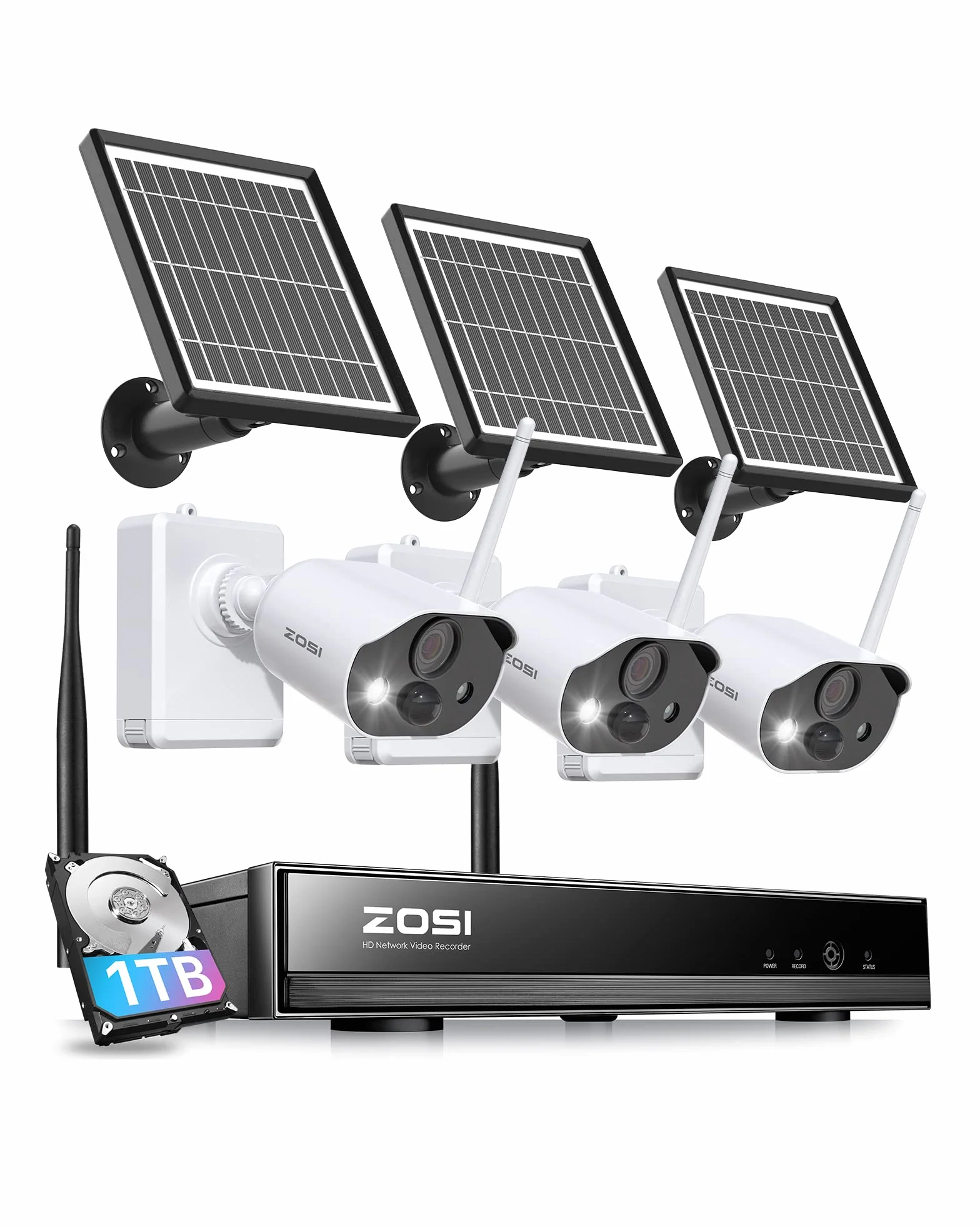 ZOSI C306PK 8CH 2K 3MP Kit de Cámara de Vigilancia WiFi de Batería Recargable y Panel Solar, 3pcs Cámaras IP con Visión Nocturna en Color, Audio, Alarma Sonora y Luminosa, 1TB HDD Incluido