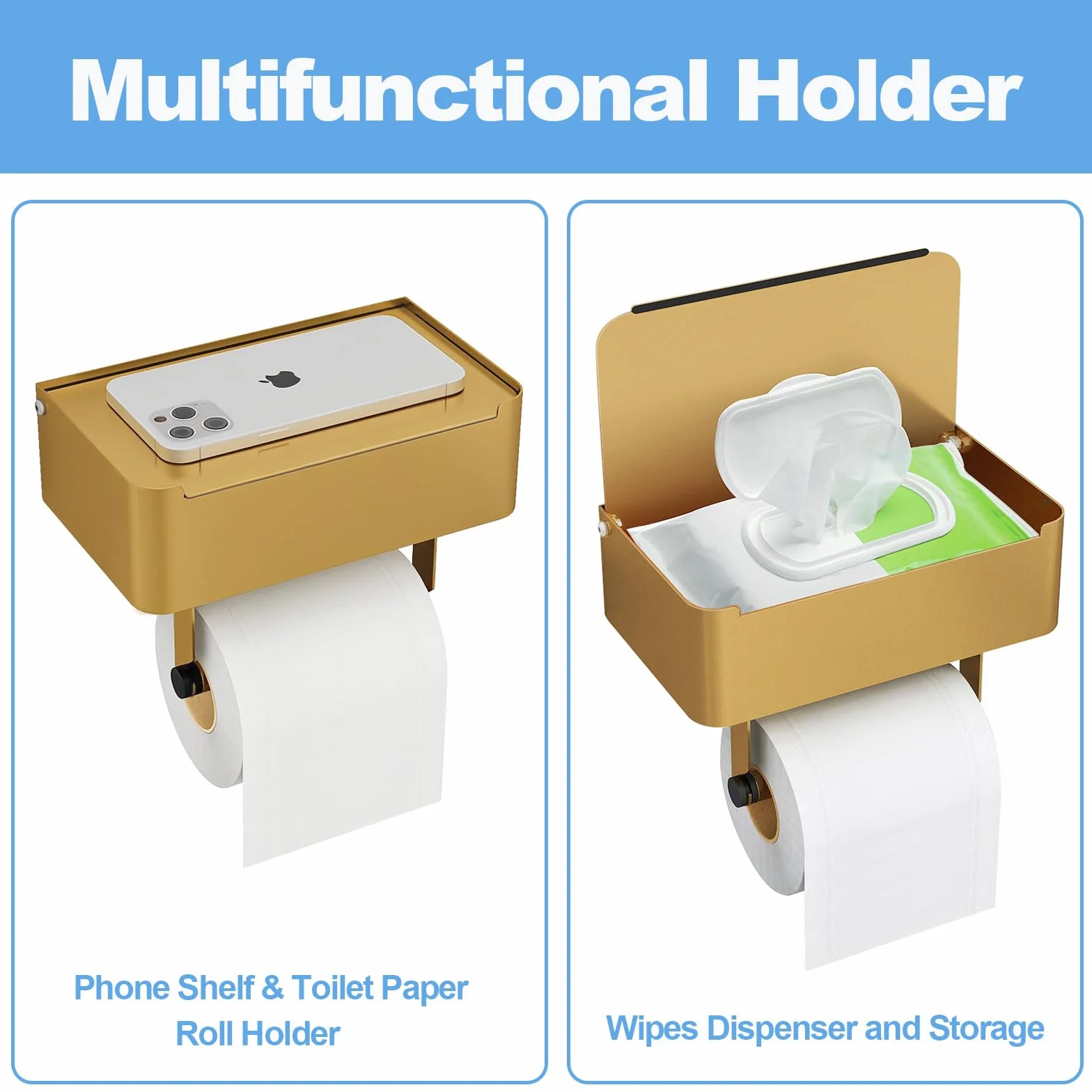 Caja para toallitas húmedas y papel papel higiénico Gypie sin taladrar, soporte dorado y acero inoxidable