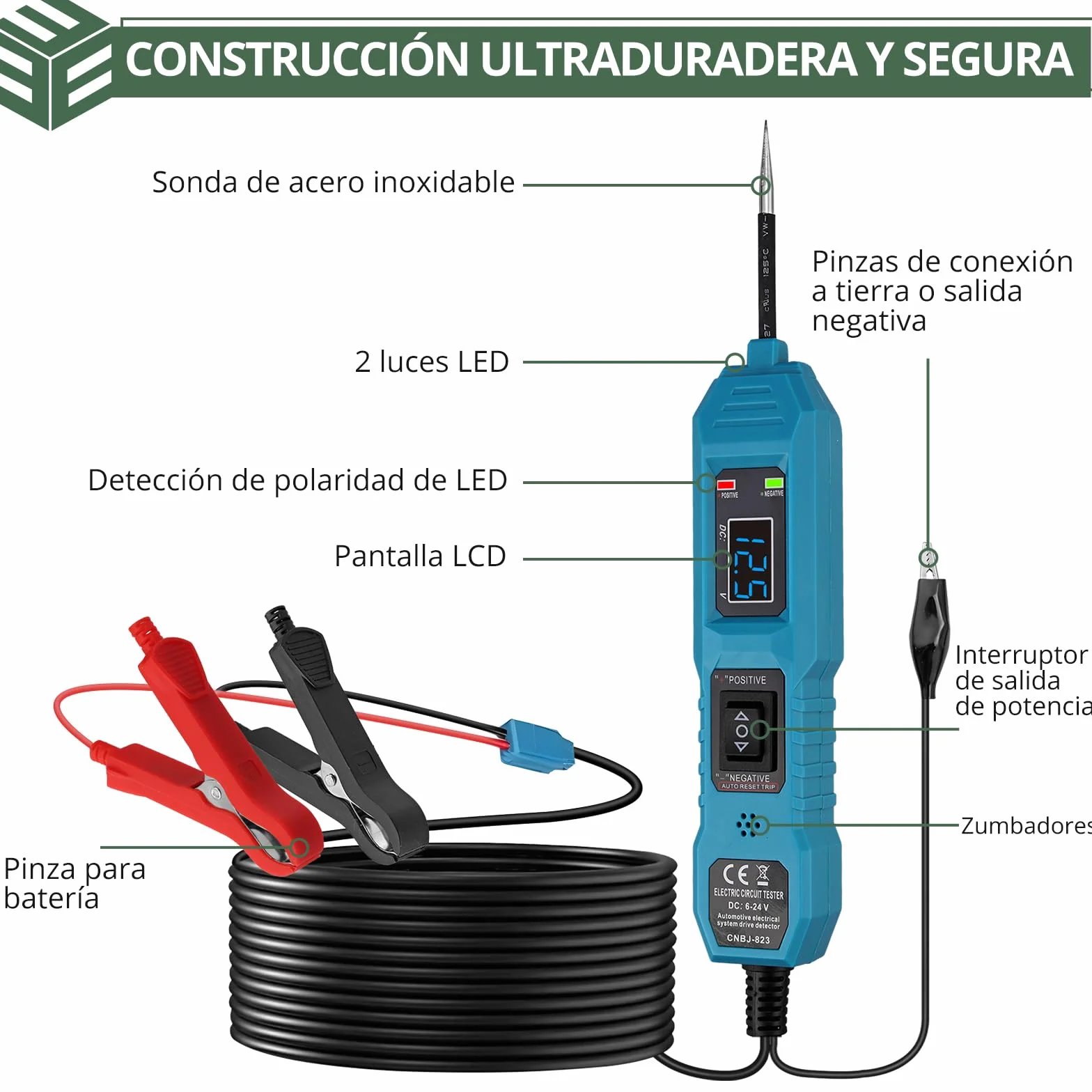 EYPINS 6-36V Probador de Circuitos Automotriz, Comprobador de Corriente y Fusibles Coche con Pinzas de Cocodrilo, Pantalla LCD, Cable 4.5m