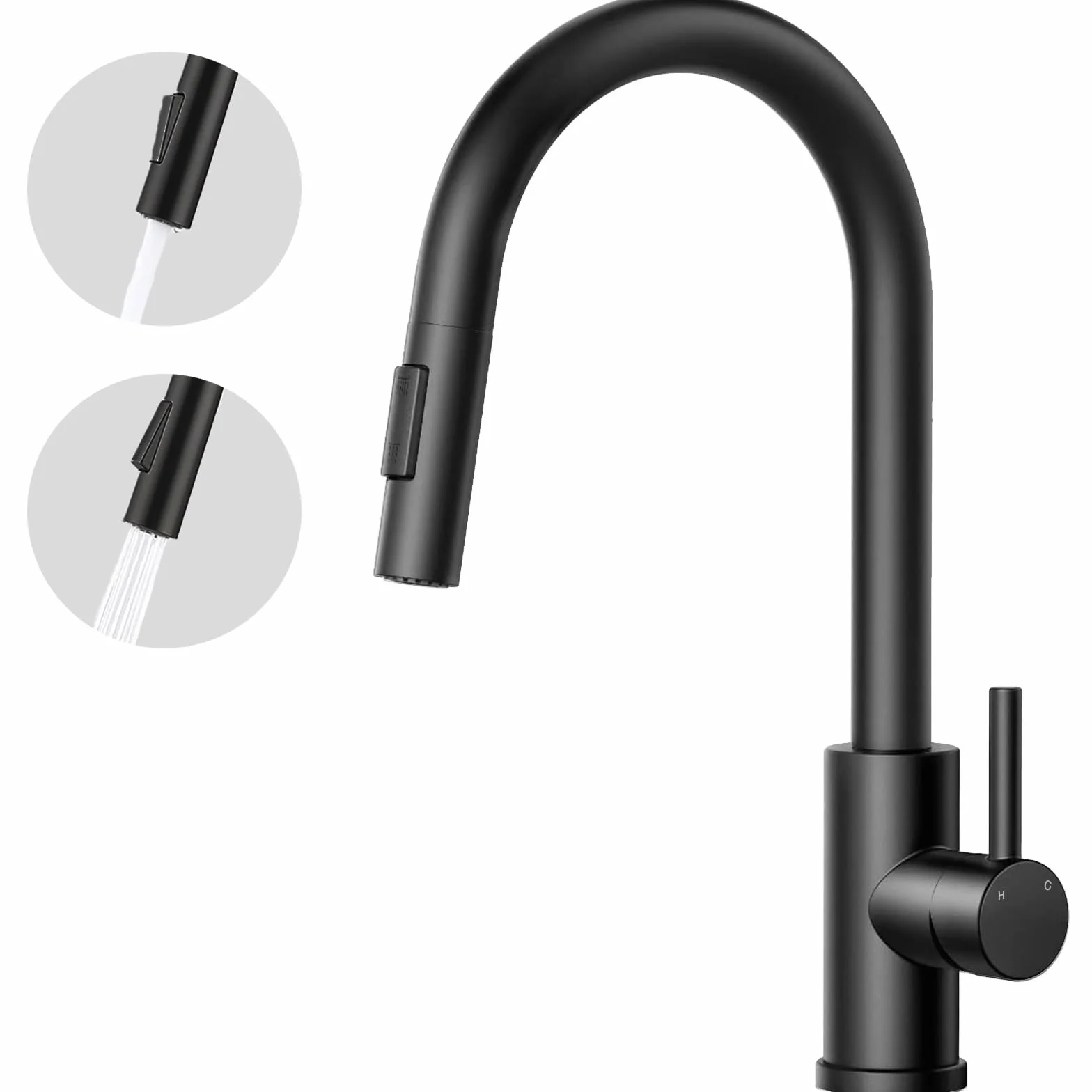 Aica Grifo de Cocina Negro Extensible Giratorio 360° Mezclador Alta Presión Manguera Flexible 27 Pulgadas Monomando