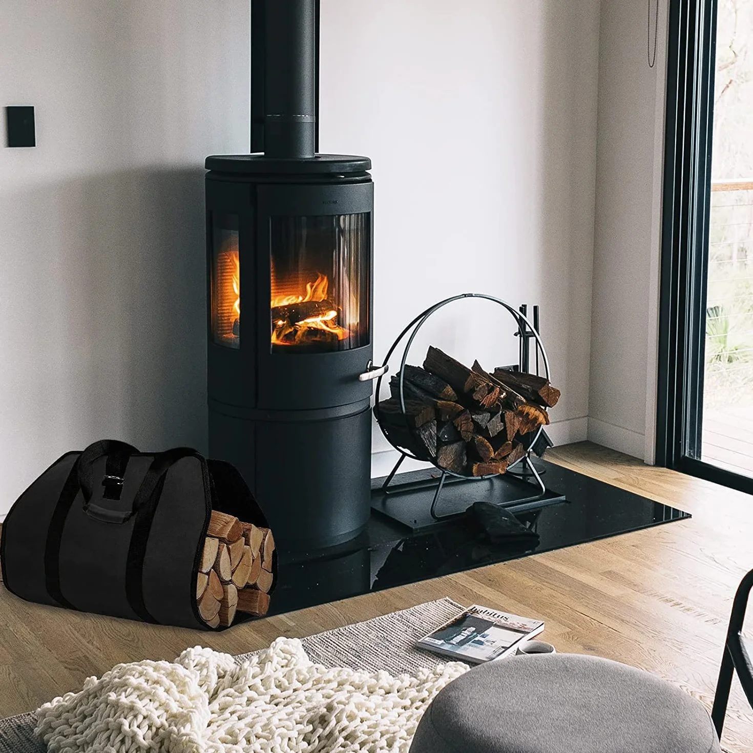 ZONSUSE Bolsa de Transporte para Leña de Lona, Bolsas de leña para Chimenea, Bolsa de Leña Almacenamiento Plegable, Accesorios para Estufa, para Interior y Exterior, Camping, Playa, Hoguera (Negro)