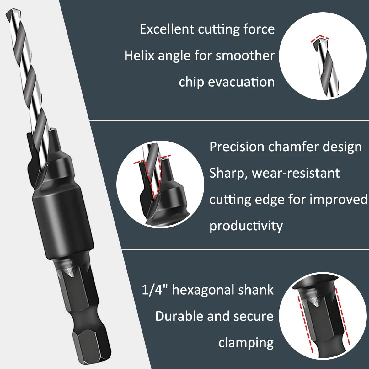 Juego de cortadores de tapones para madera Brocas avellanadoras (#5, #6, #8, #10, #12) 1/4 Inch Hex Shank madera enchufe agujero cortador Garra de acero al carbono para carpintería