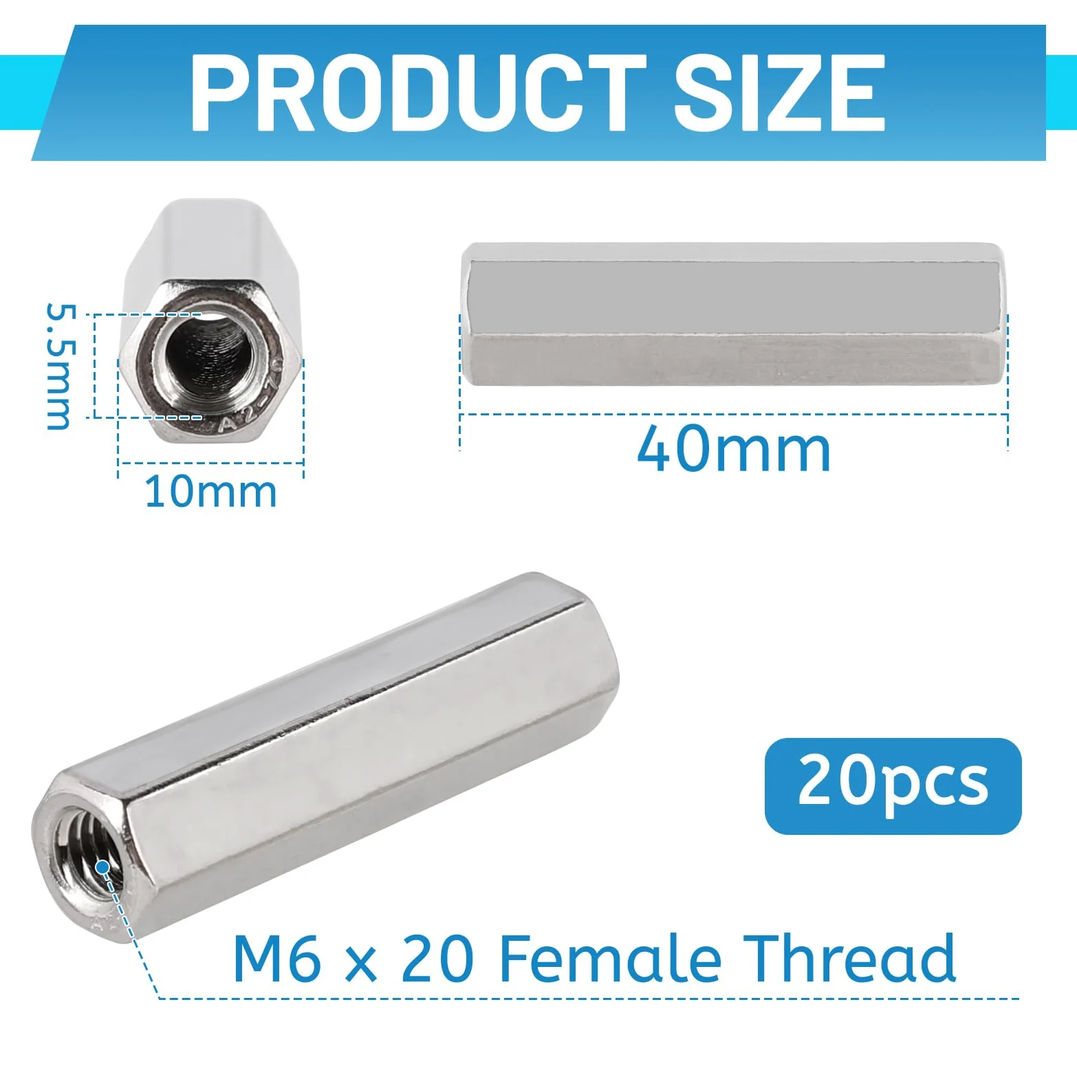 LALAGO 20 Piezas M6 x 40mm Tuercas de Unión Largas de Acero Inoxidable VA V2A A2, Tuerca para Atornillar Manguitos de Unión Hexagonales, Tornillos de Tuerca Cruzados Manguitos Roscados